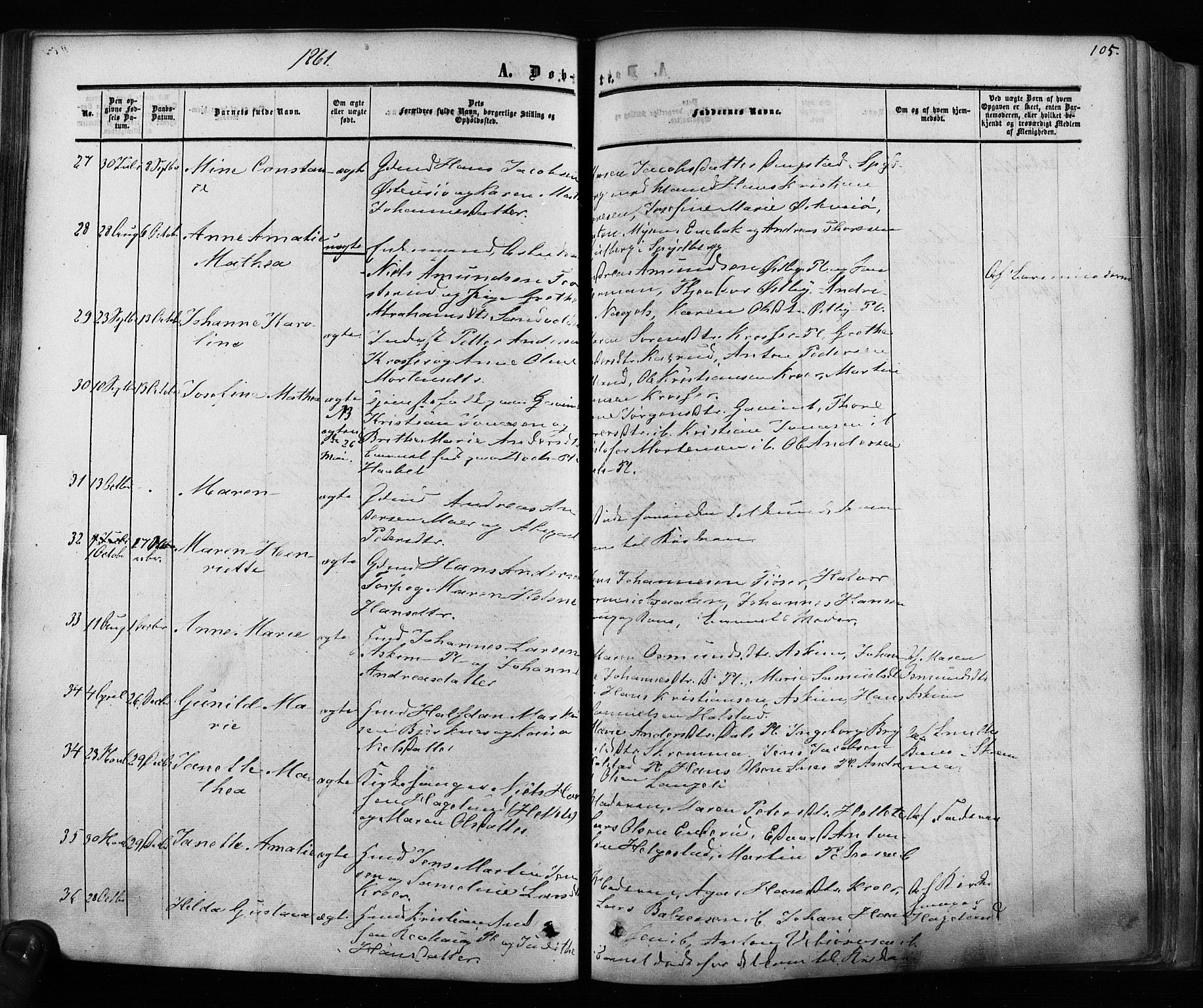 Ås prestekontor Kirkebøker, AV/SAO-A-10894/F/Fa/L0007: Parish register (official) no. I 7, 1854-1870, p. 105