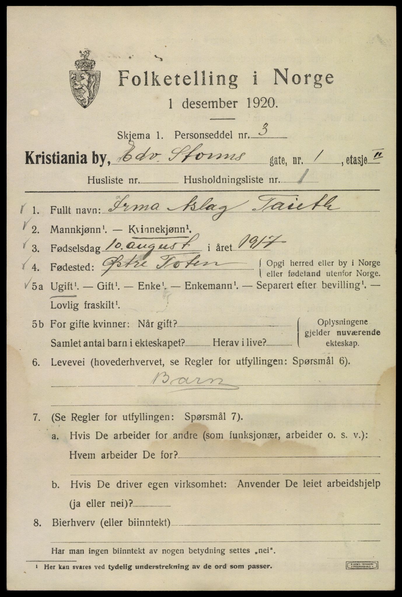 SAO, 1920 census for Kristiania, 1920, p. 209543