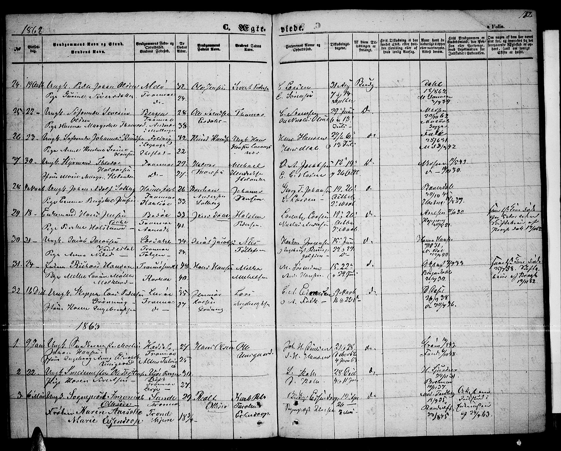 Tromsø sokneprestkontor/stiftsprosti/domprosti, AV/SATØ-S-1343/G/Gb/L0006klokker: Parish register (copy) no. 6, 1857-1866, p. 182