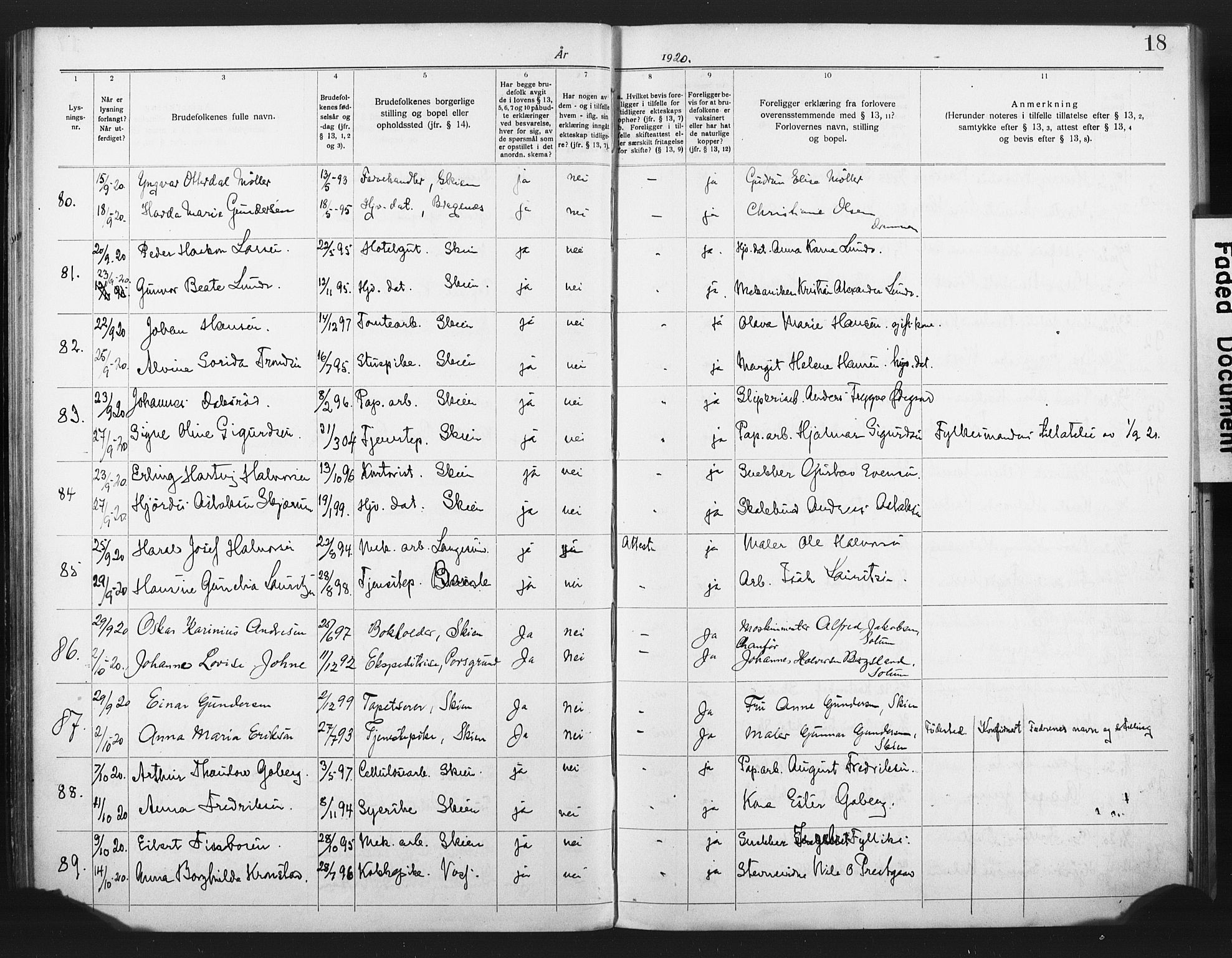 Skien kirkebøker, SAKO/A-302/H/Ha/L0001: Banns register no. 1, 1919-1929, p. 18
