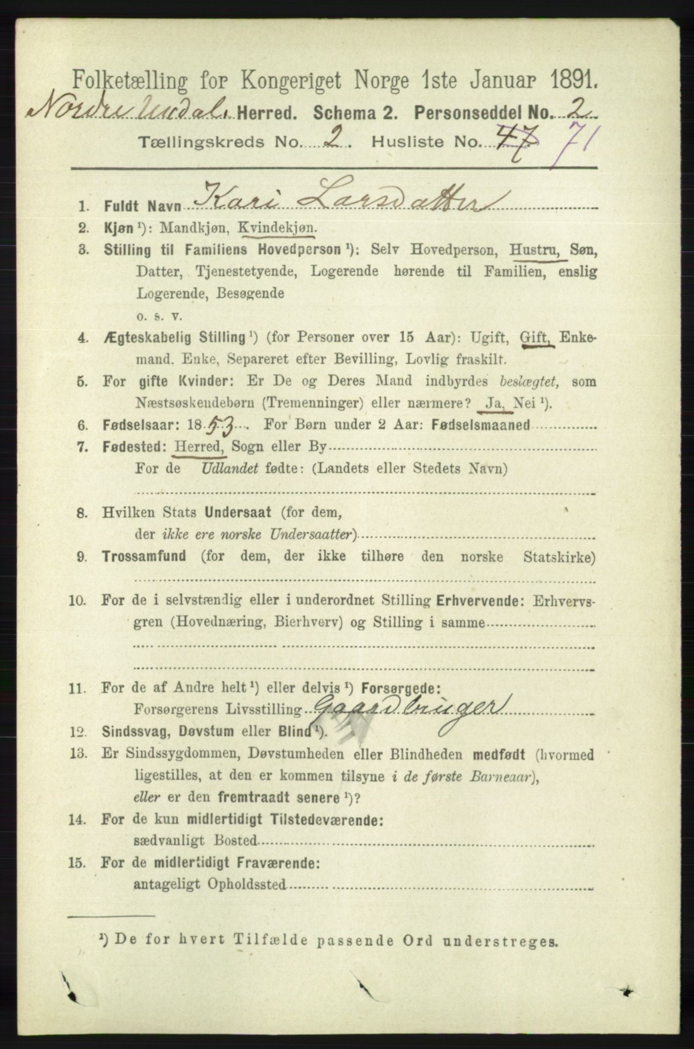 RA, 1891 census for 1028 Nord-Audnedal, 1891, p. 700