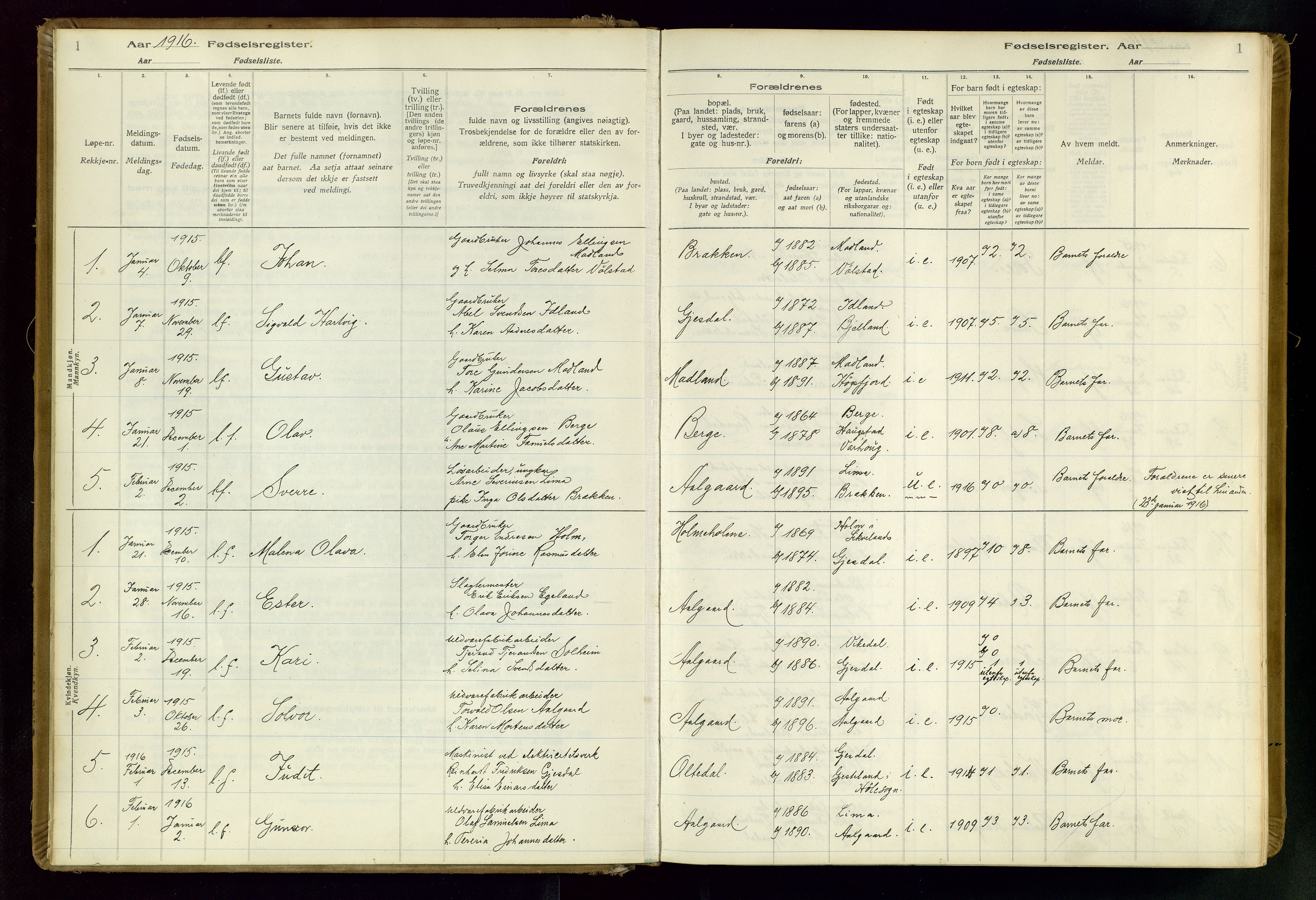 Gjesdal sokneprestkontor, AV/SAST-A-101796/002/O/L0001: Birth register no. 1, 1916-1949, p. 1