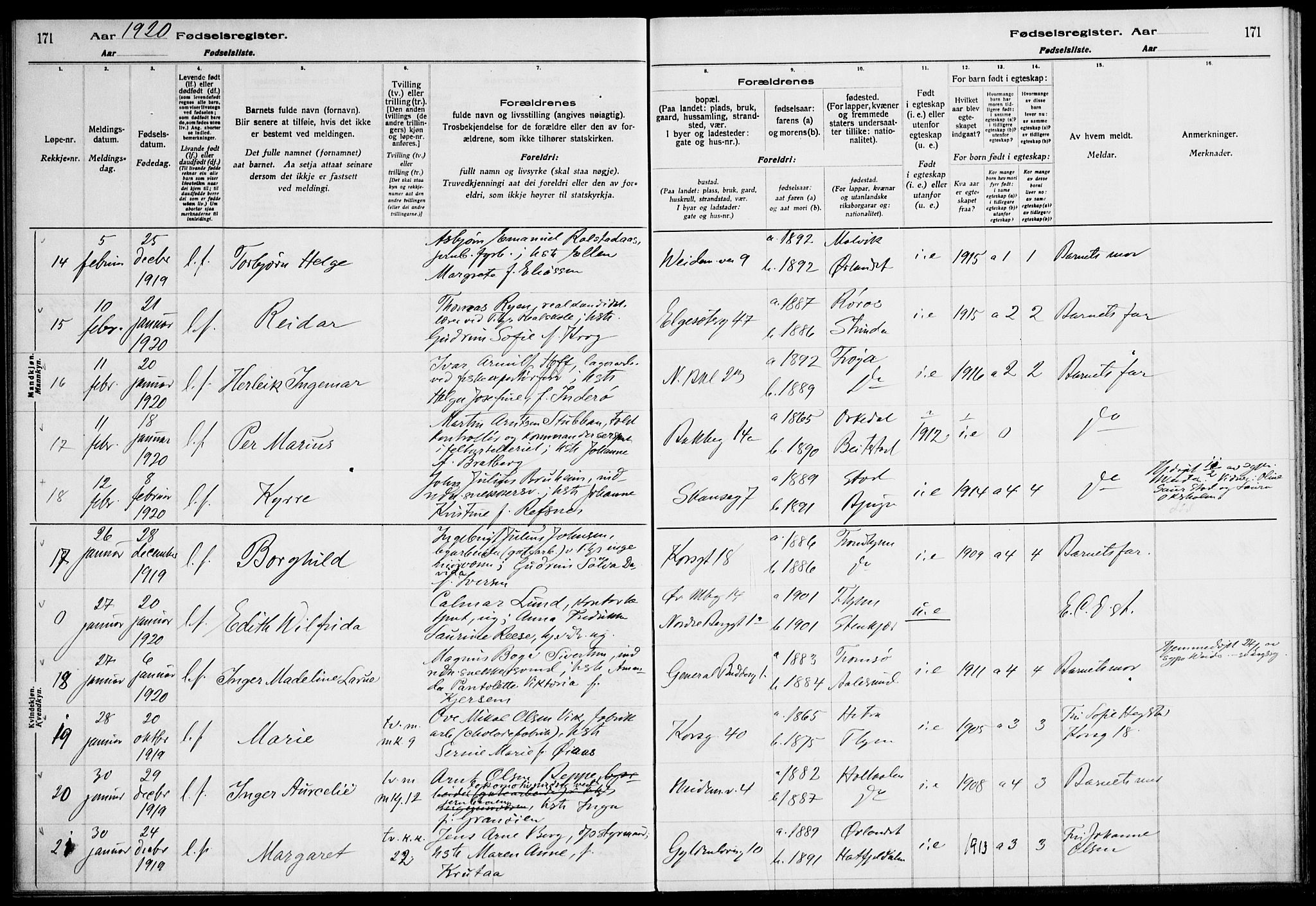 Ministerialprotokoller, klokkerbøker og fødselsregistre - Sør-Trøndelag, AV/SAT-A-1456/604/L0232: Birth register no. 604.II.4.1, 1916-1920, p. 171