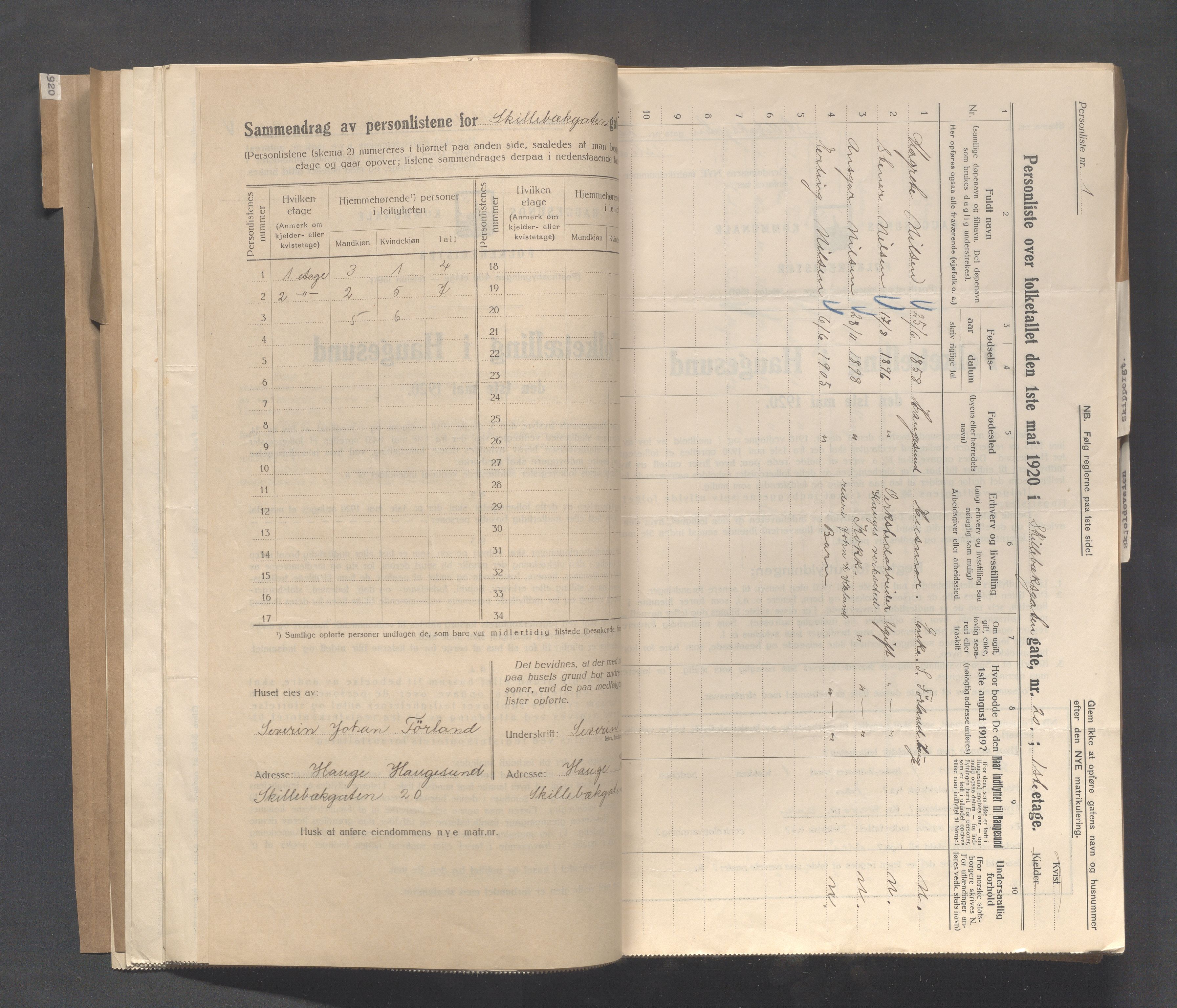 IKAR, Local census 1.5.1920 for Haugesund, 1920, p. 3740