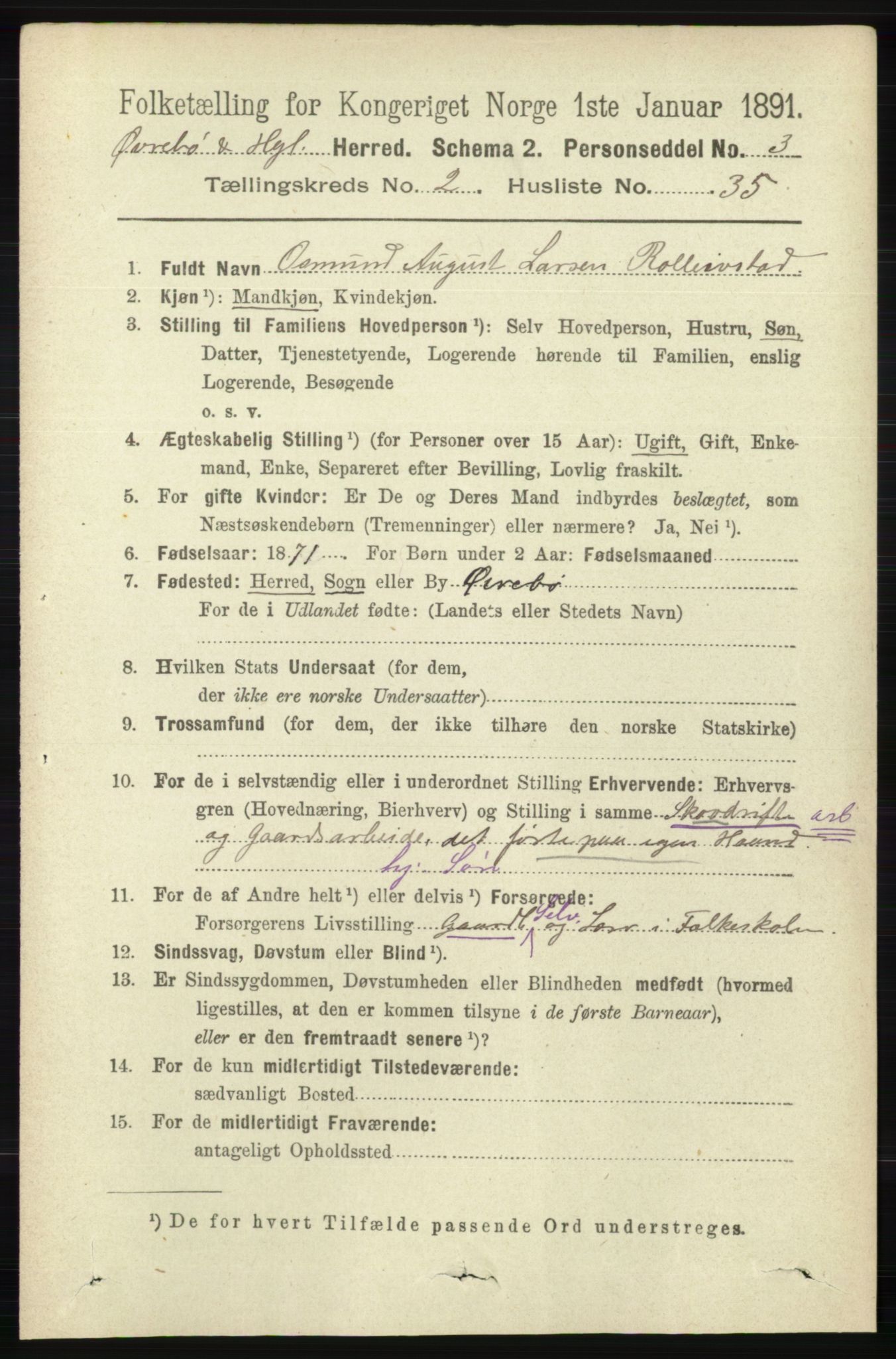 RA, 1891 census for 1016 Øvrebø og Hægeland, 1891, p. 493