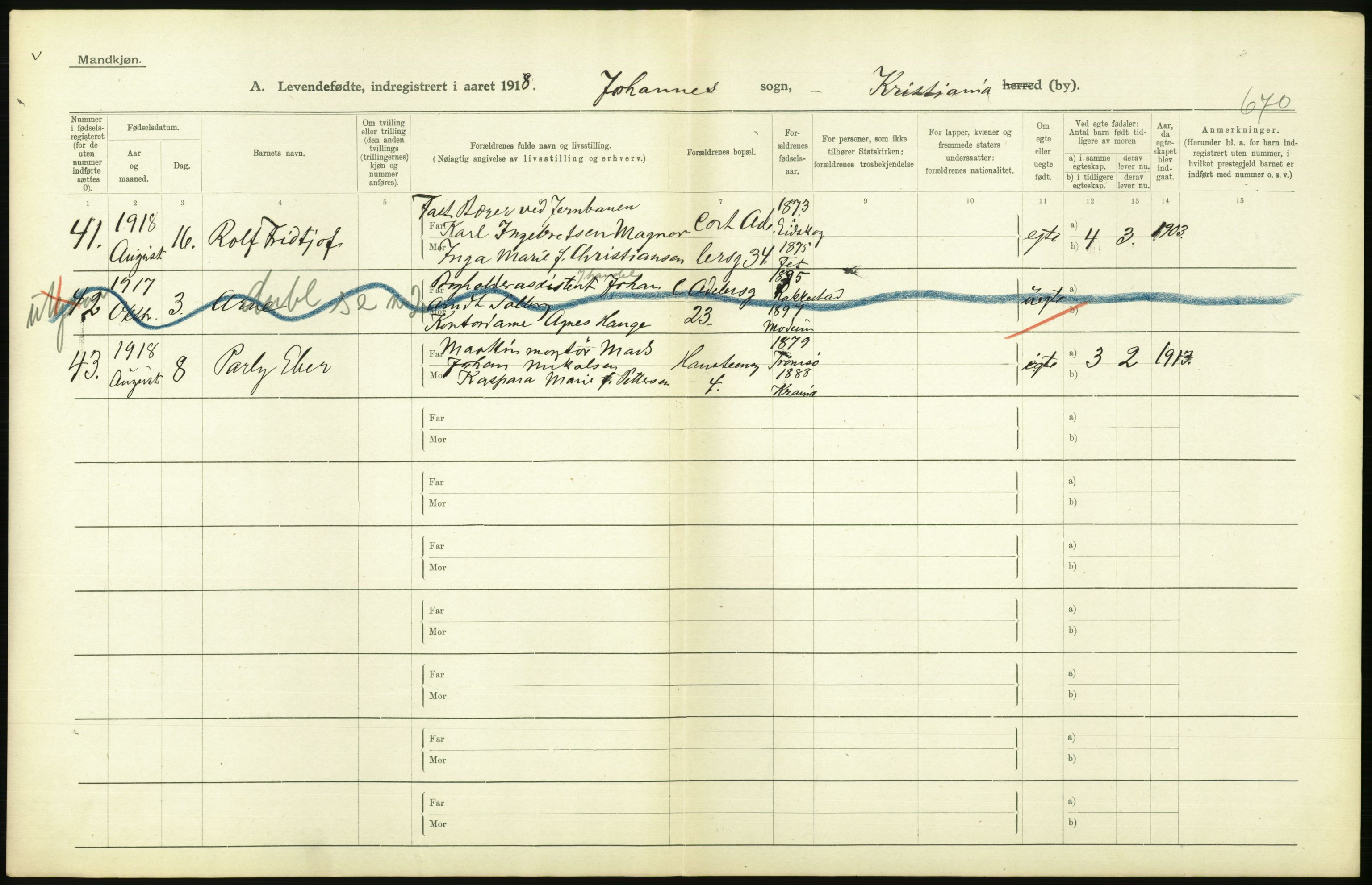 Statistisk sentralbyrå, Sosiodemografiske emner, Befolkning, AV/RA-S-2228/D/Df/Dfb/Dfbh/L0008: Kristiania: Levendefødte menn og kvinner., 1918, p. 578