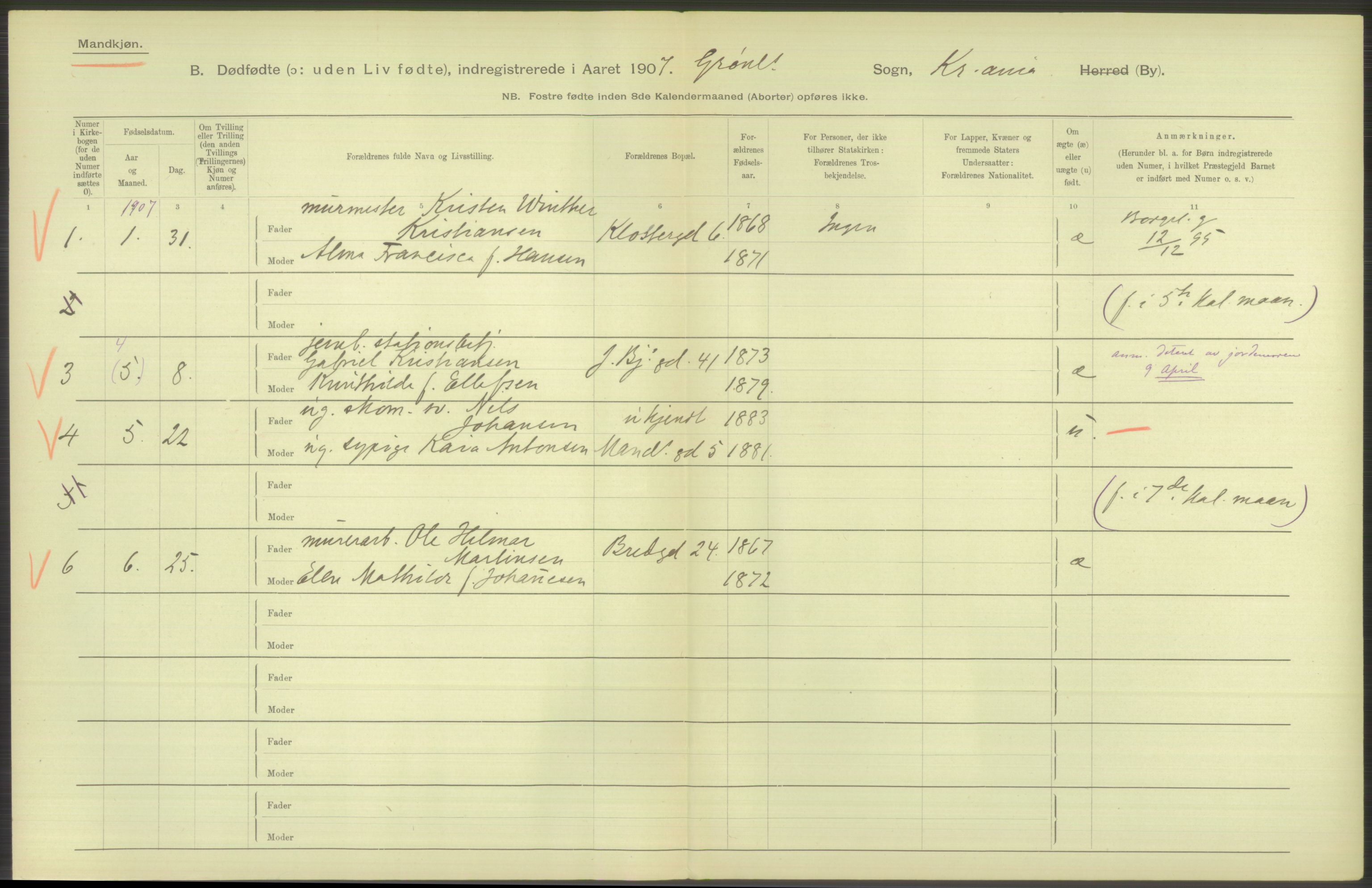 Statistisk sentralbyrå, Sosiodemografiske emner, Befolkning, RA/S-2228/D/Df/Dfa/Dfae/L0010: Kristiania: Døde, dødfødte, 1907, p. 92