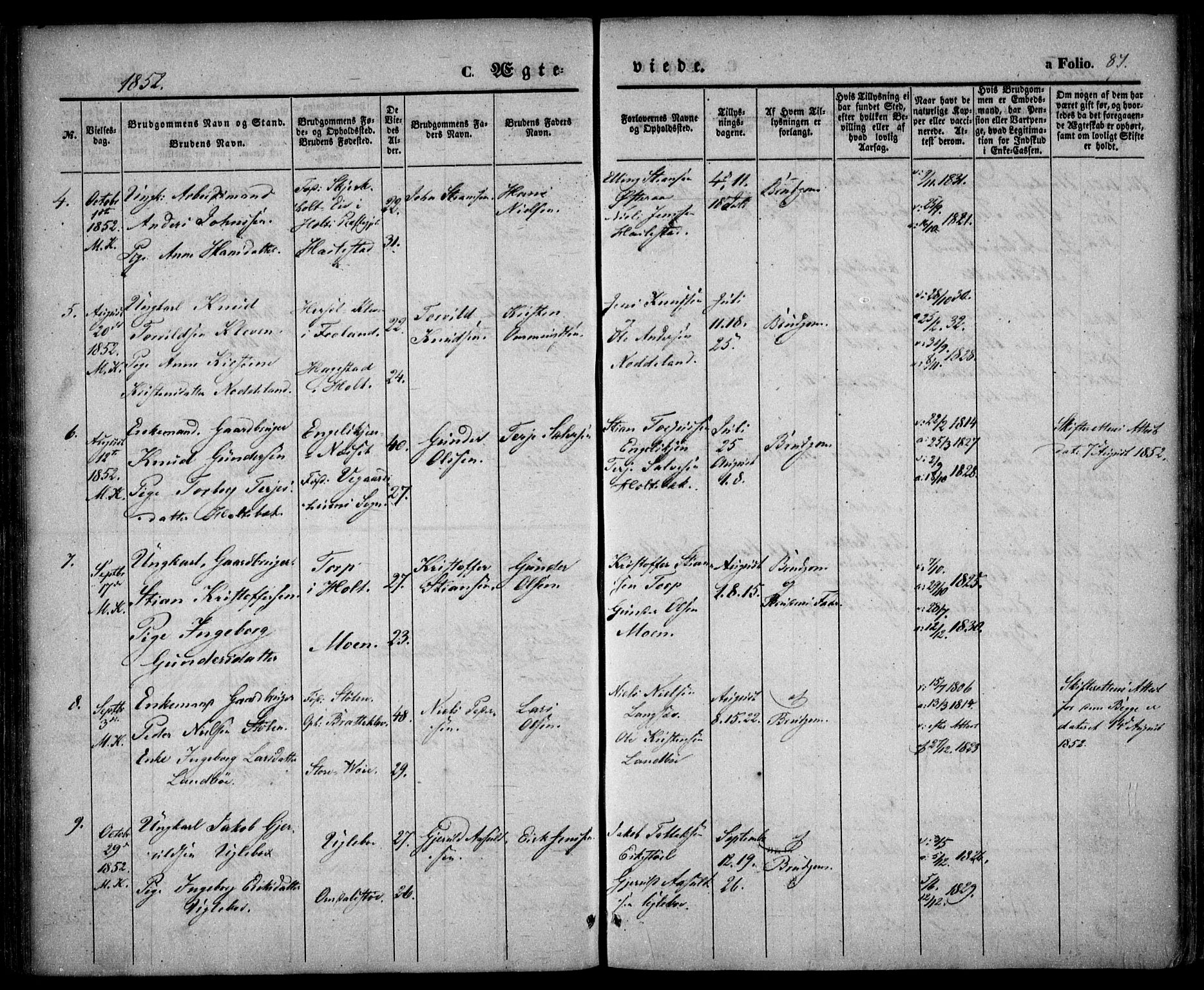 Austre Moland sokneprestkontor, SAK/1111-0001/F/Fa/Faa/L0007: Parish register (official) no. A 7, 1847-1857, p. 87