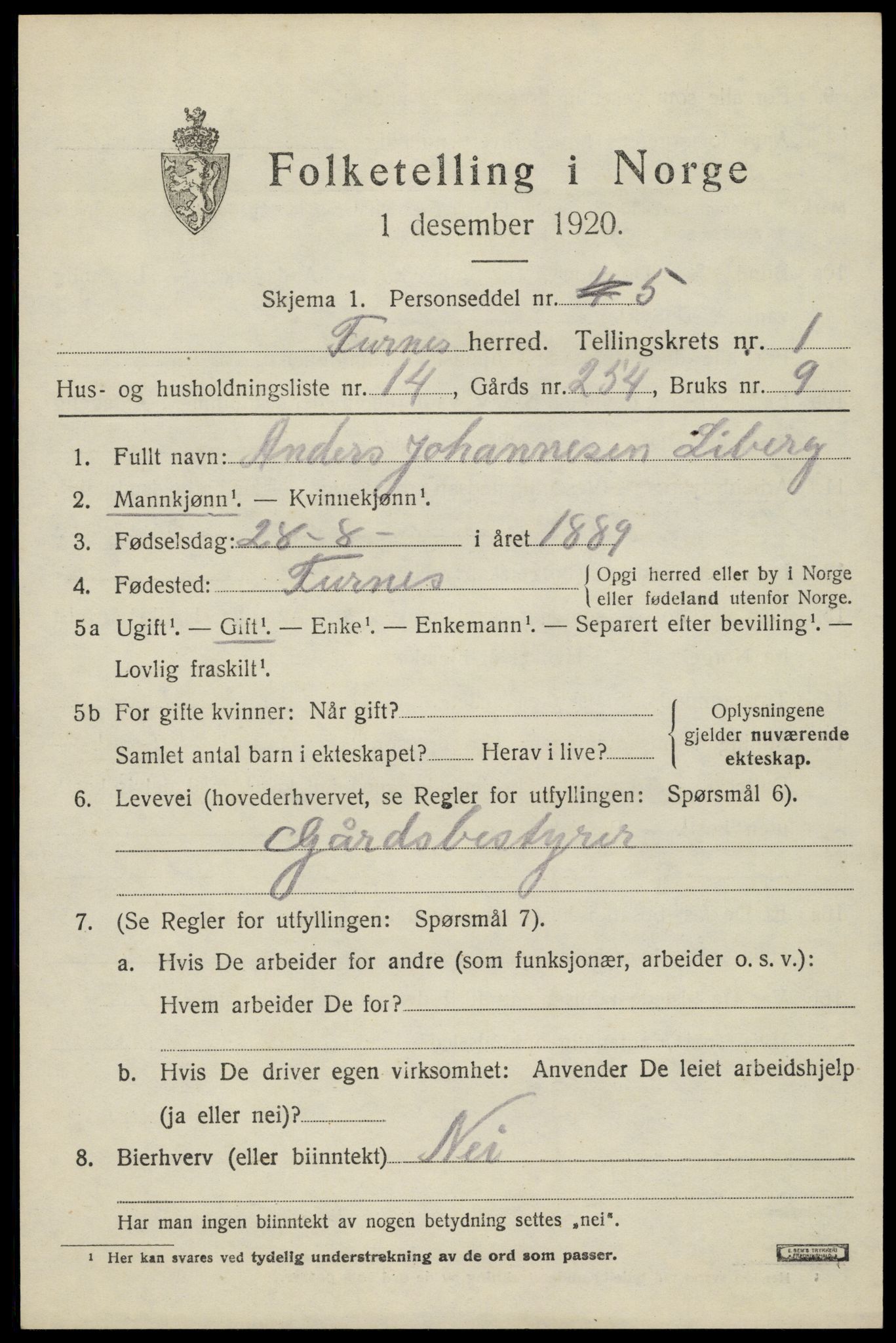 SAH, 1920 census for Furnes, 1920, p. 1805