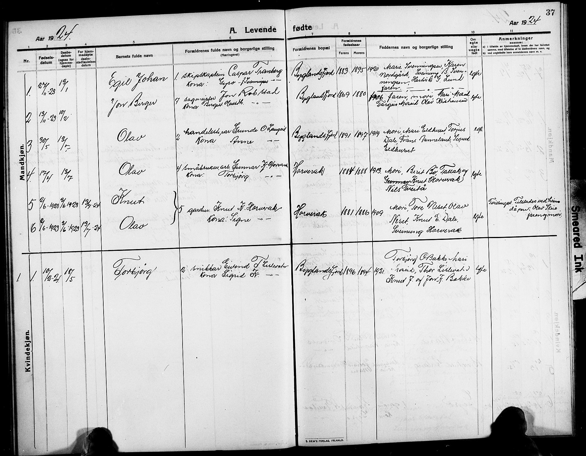 Bygland sokneprestkontor, AV/SAK-1111-0006/F/Fb/Fbd/L0003: Parish register (copy) no. B 3, 1910-1926, p. 37