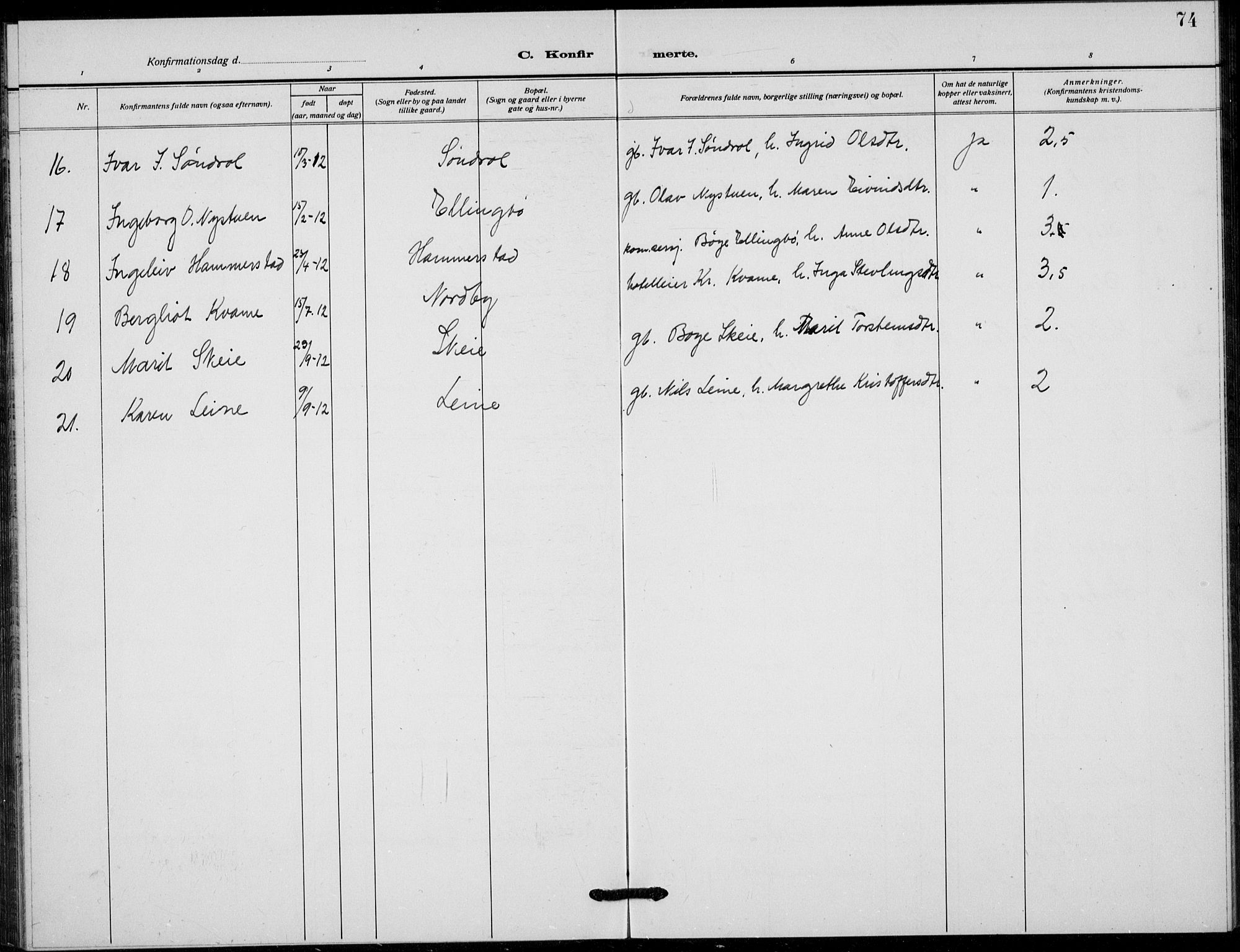 Vang prestekontor, Valdres, SAH/PREST-140/H/Hb/L0012: Parish register (copy) no. 12, 1919-1937, p. 74