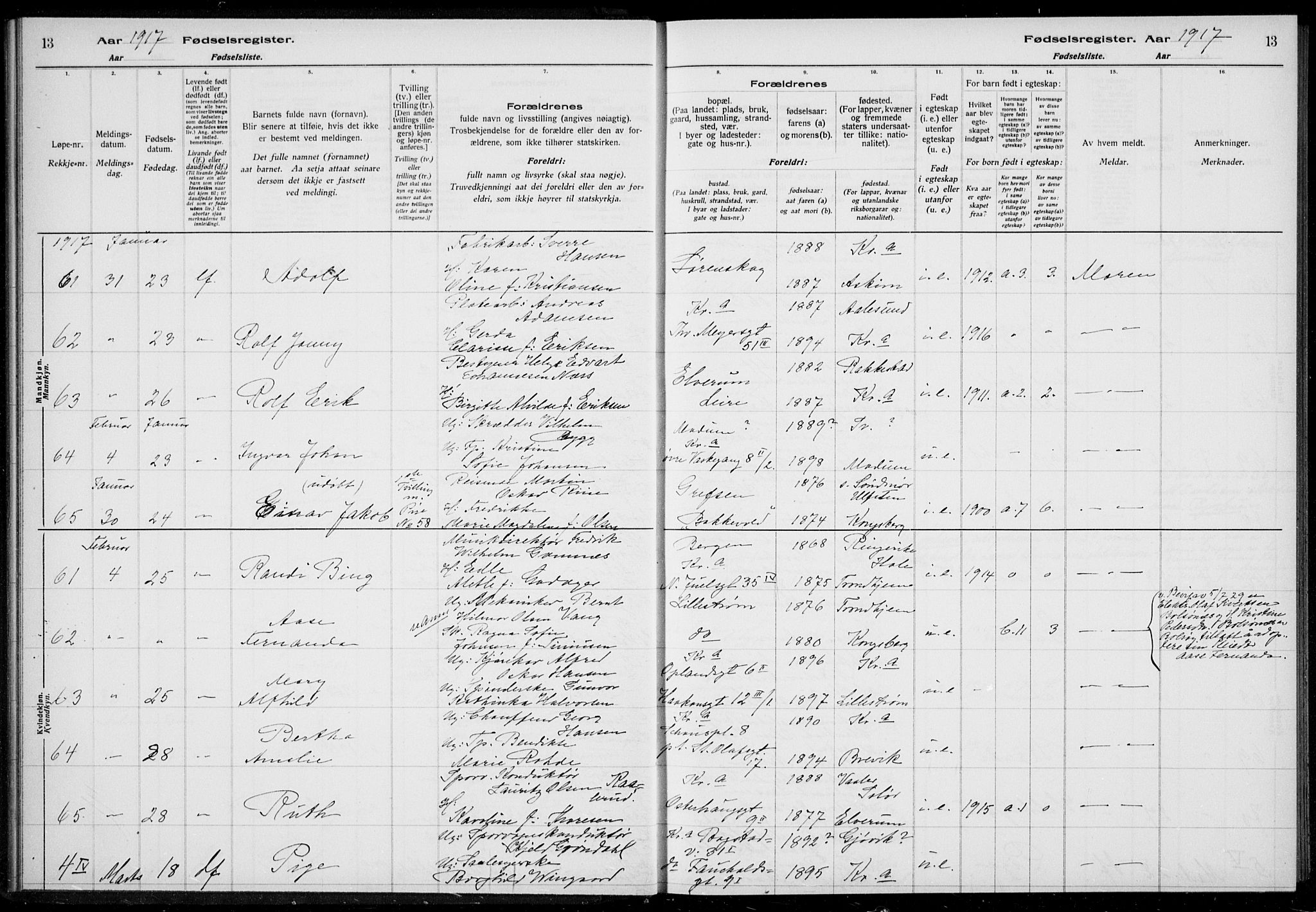 Rikshospitalet prestekontor Kirkebøker, AV/SAO-A-10309b/J/L0002: Birth register no. 2, 1917-1917, p. 13