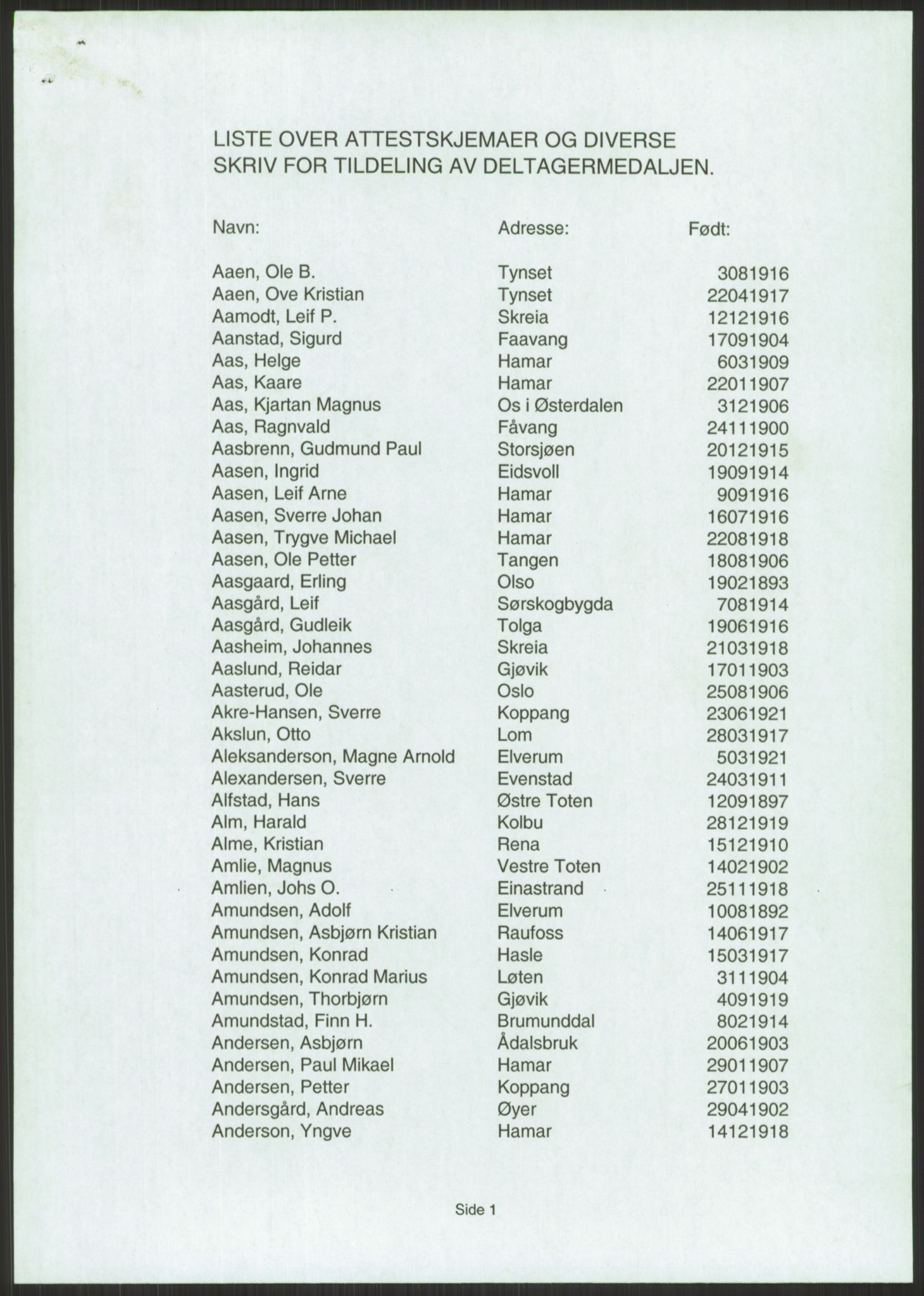 Forsvaret, Oppland regiment, AV/RA-RAFA-5077/D/L0139: 940 A-B-C: Attestskjemaer/skriv for tildeling av deltagermedaljen Odden, Asbjørn - Åslund, Kristian Øivind., 1940-1945