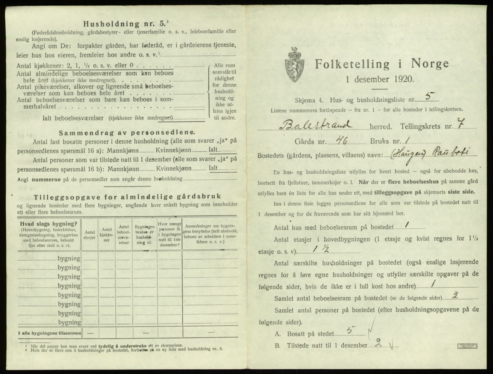 SAB, 1920 census for Balestrand, 1920, p. 429