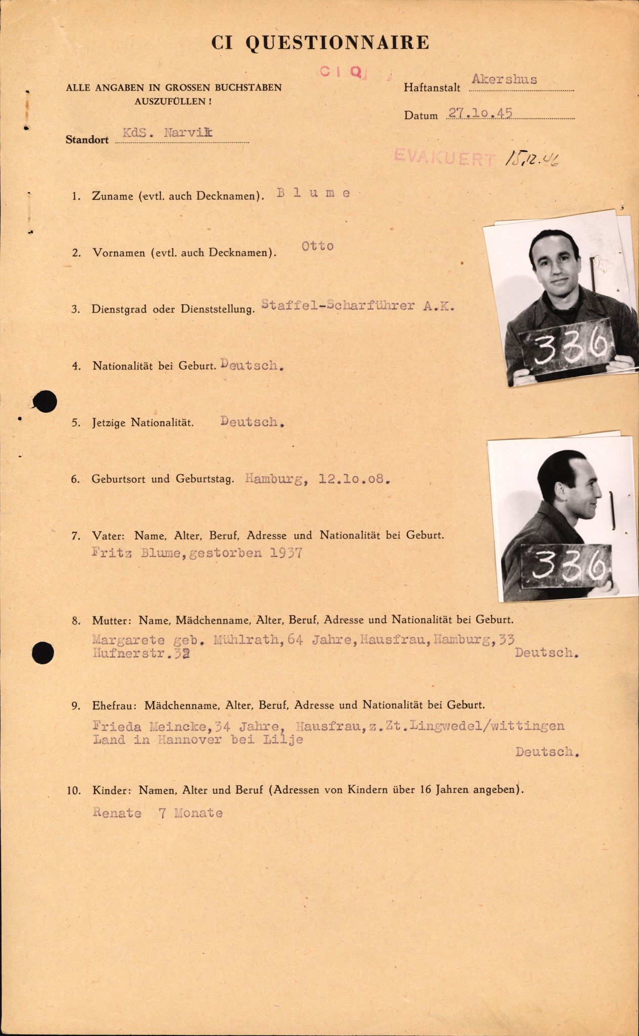 Forsvaret, Forsvarets overkommando II, RA/RAFA-3915/D/Db/L0003: CI Questionaires. Tyske okkupasjonsstyrker i Norge. Tyskere., 1945-1946, p. 473