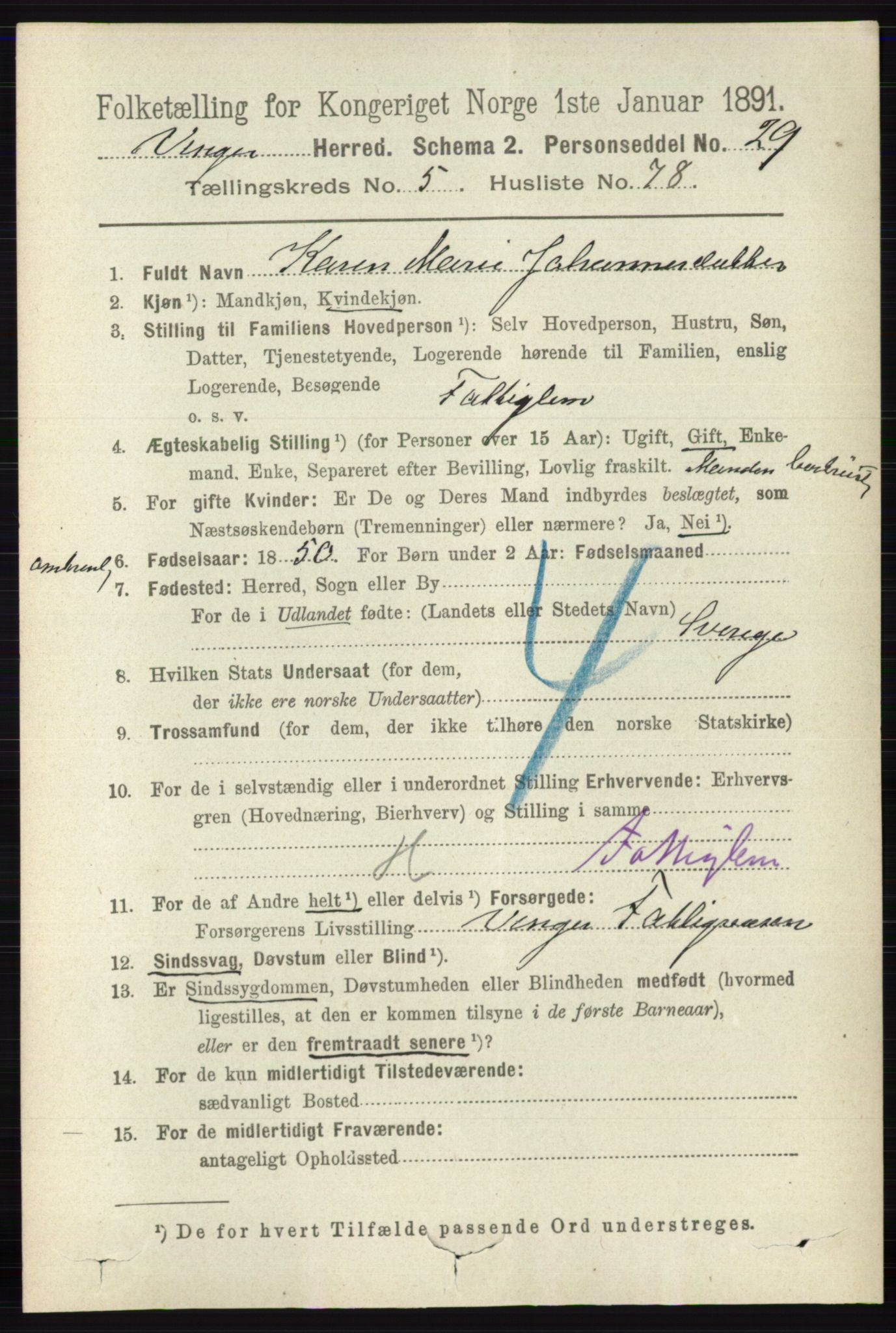 RA, 1891 census for 0421 Vinger, 1891, p. 2504