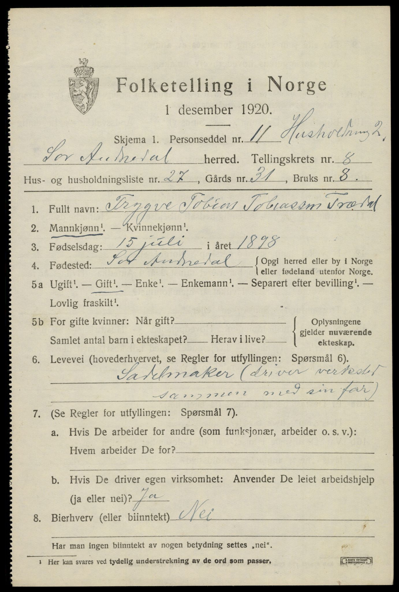 SAK, 1920 census for Sør-Audnedal, 1920, p. 3455