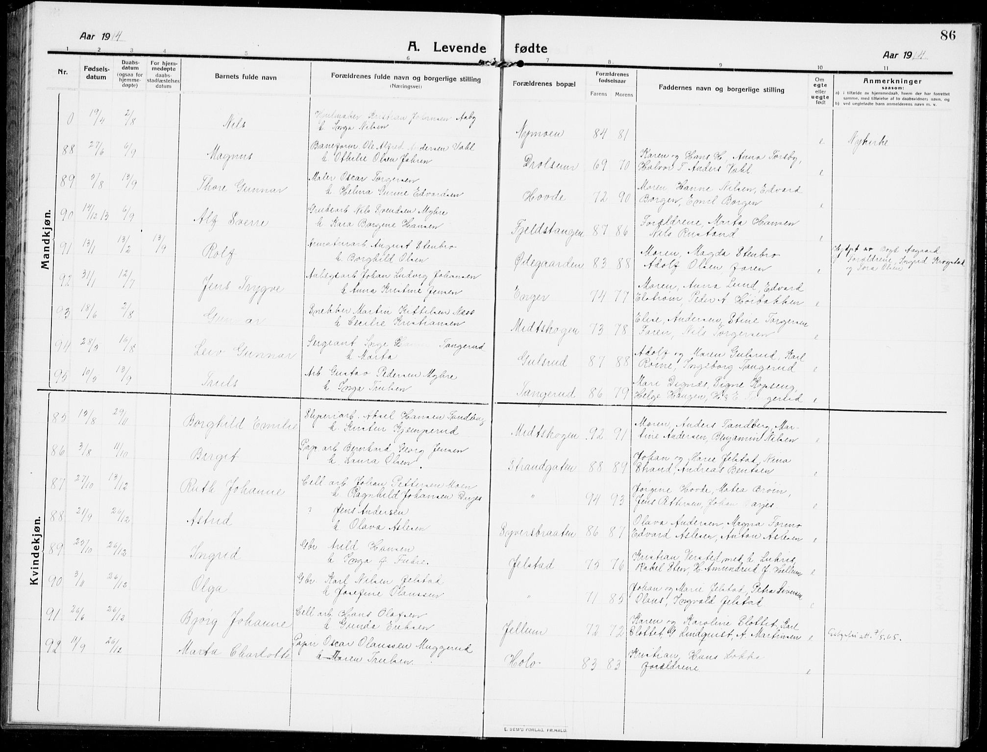 Modum kirkebøker, AV/SAKO-A-234/G/Ga/L0009: Parish register (copy) no. I 9, 1909-1923, p. 86