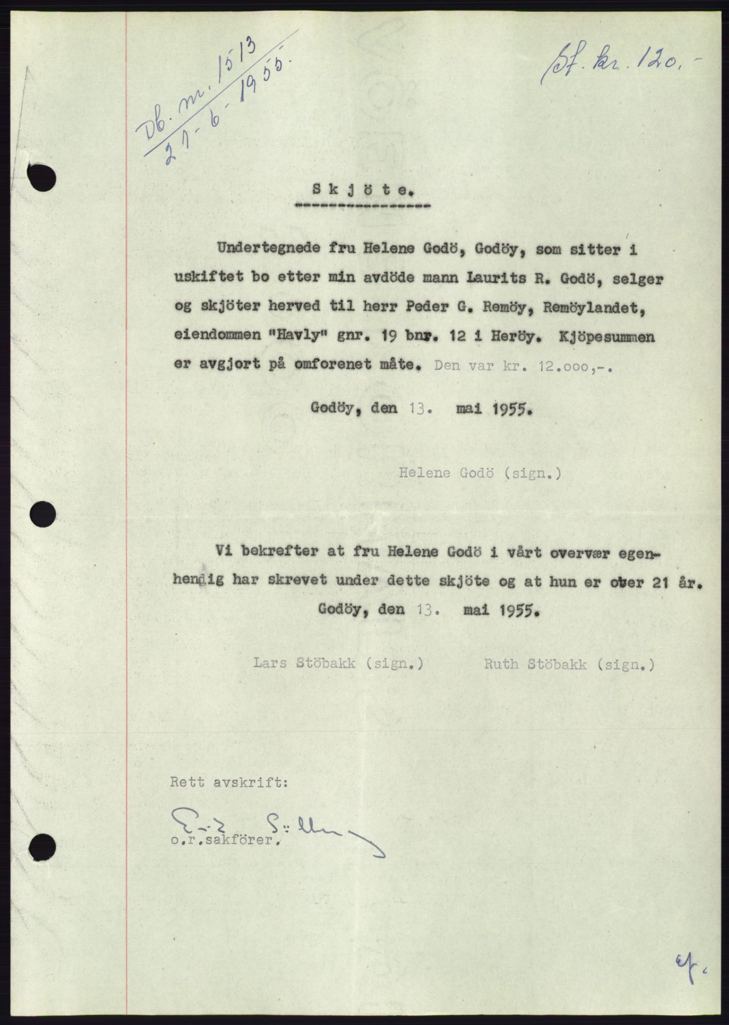 Søre Sunnmøre sorenskriveri, AV/SAT-A-4122/1/2/2C/L0101: Mortgage book no. 27A, 1955-1955, Diary no: : 1513/1955