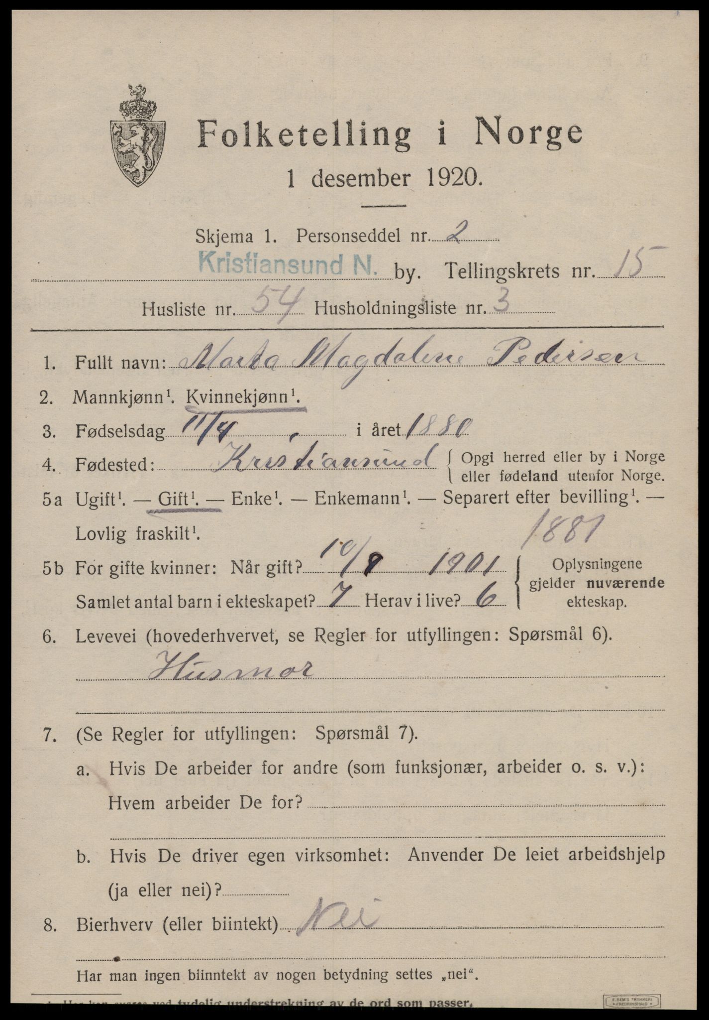 SAT, 1920 census for Kristiansund, 1920, p. 31997