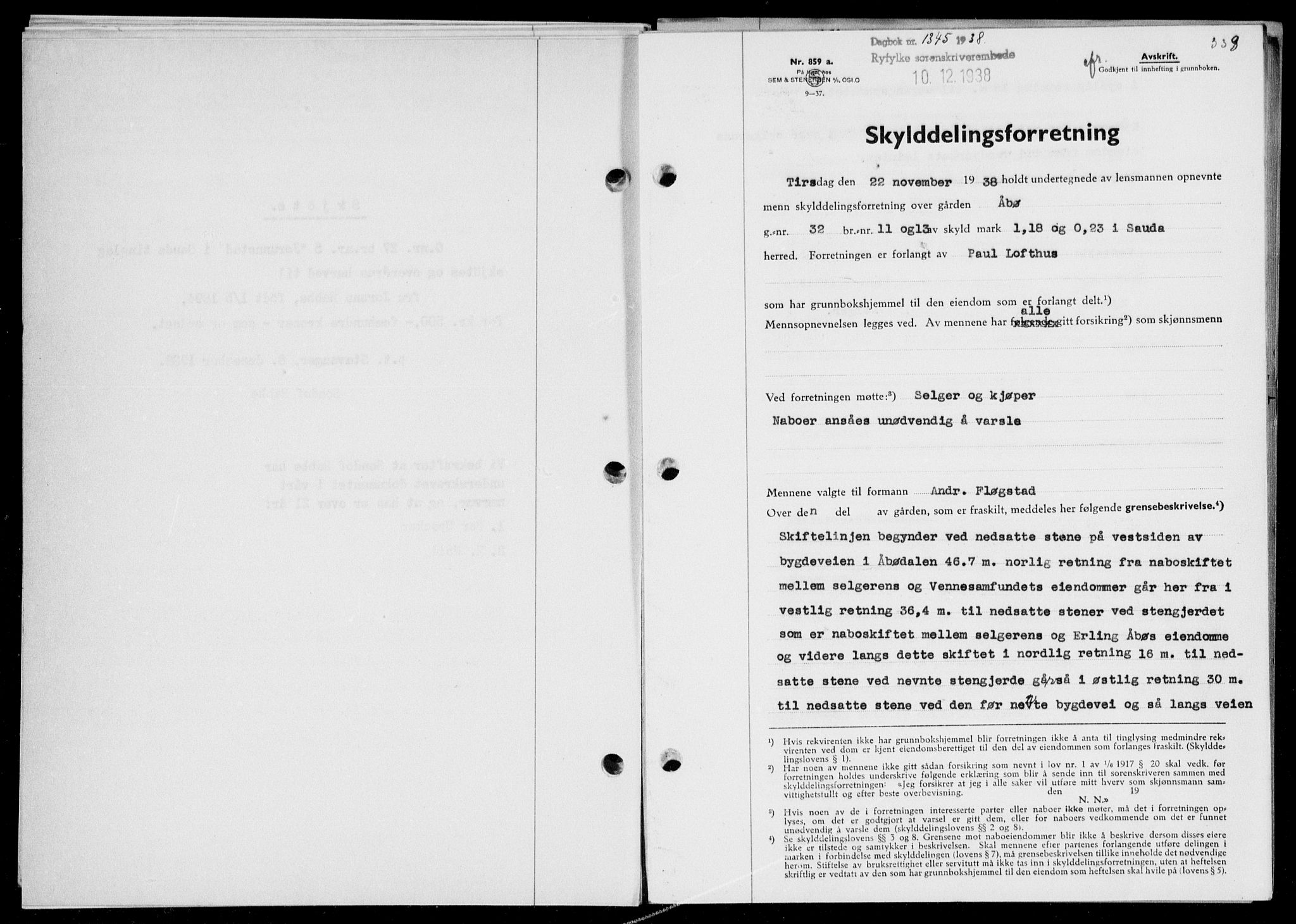 Ryfylke tingrett, SAST/A-100055/001/II/IIB/L0078: Mortgage book no. 57, 1938-1938, Diary no: : 1345/1938