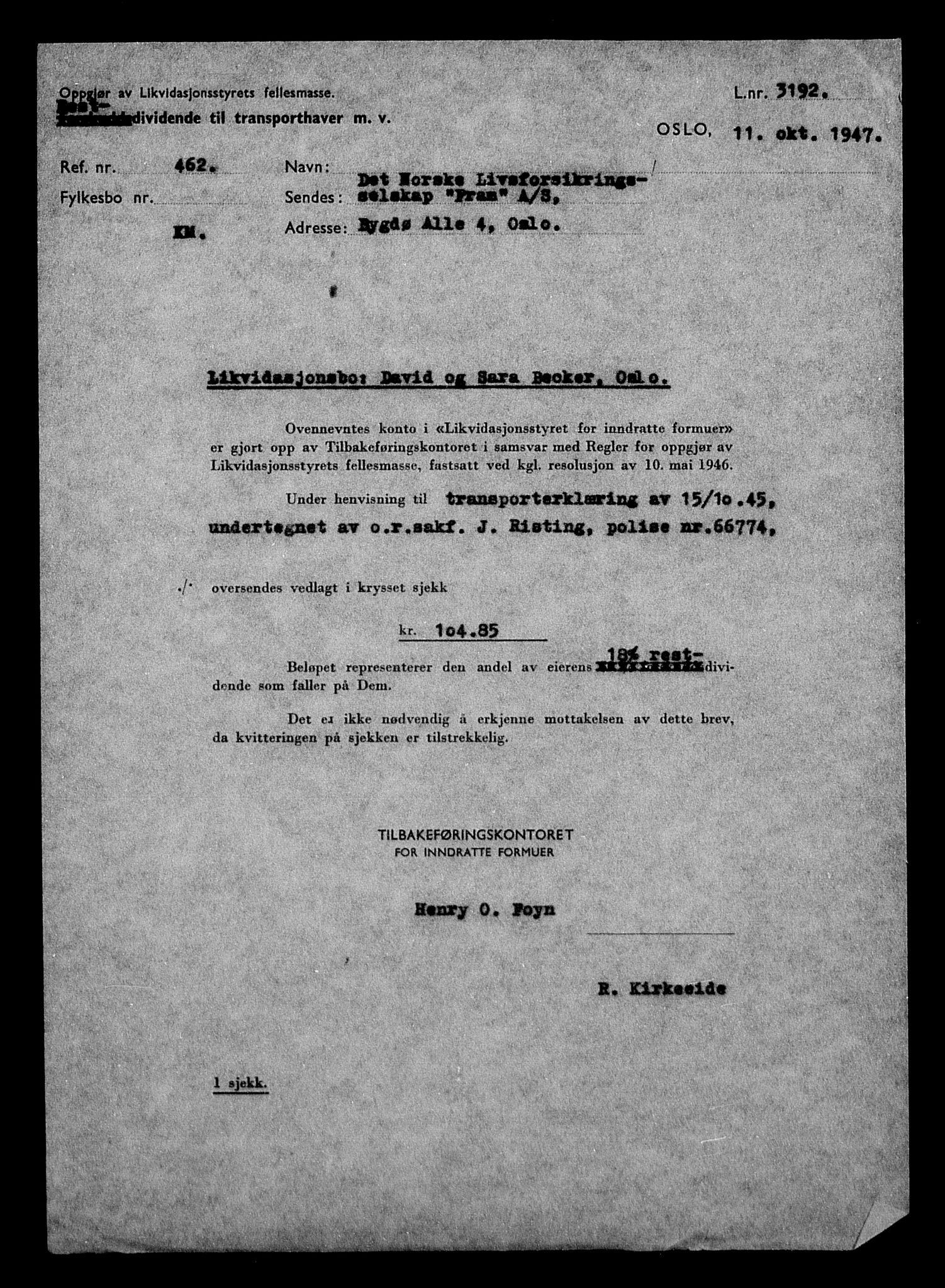 Justisdepartementet, Tilbakeføringskontoret for inndratte formuer, AV/RA-S-1564/H/Hc/Hcc/L0919: --, 1945-1947, p. 9