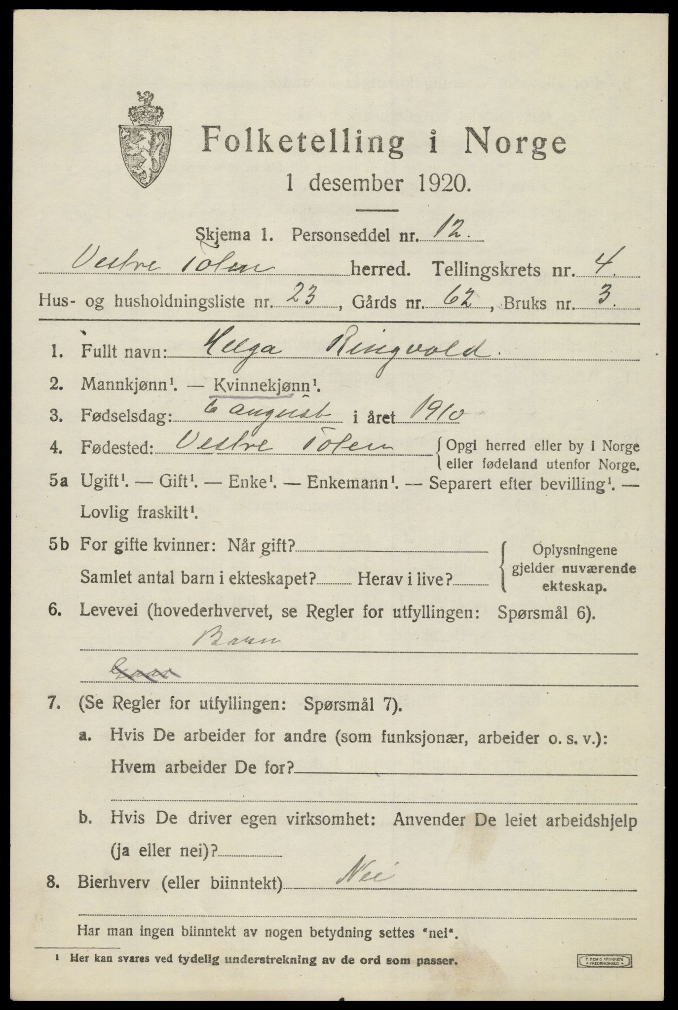 SAH, 1920 census for Vestre Toten, 1920, p. 5890