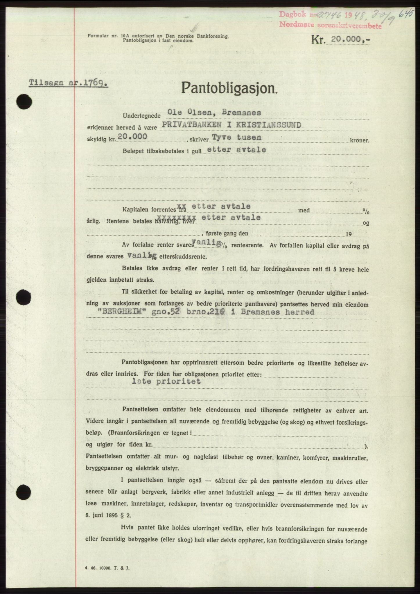 Nordmøre sorenskriveri, AV/SAT-A-4132/1/2/2Ca: Mortgage book no. B99, 1948-1948, Diary no: : 2746/1948