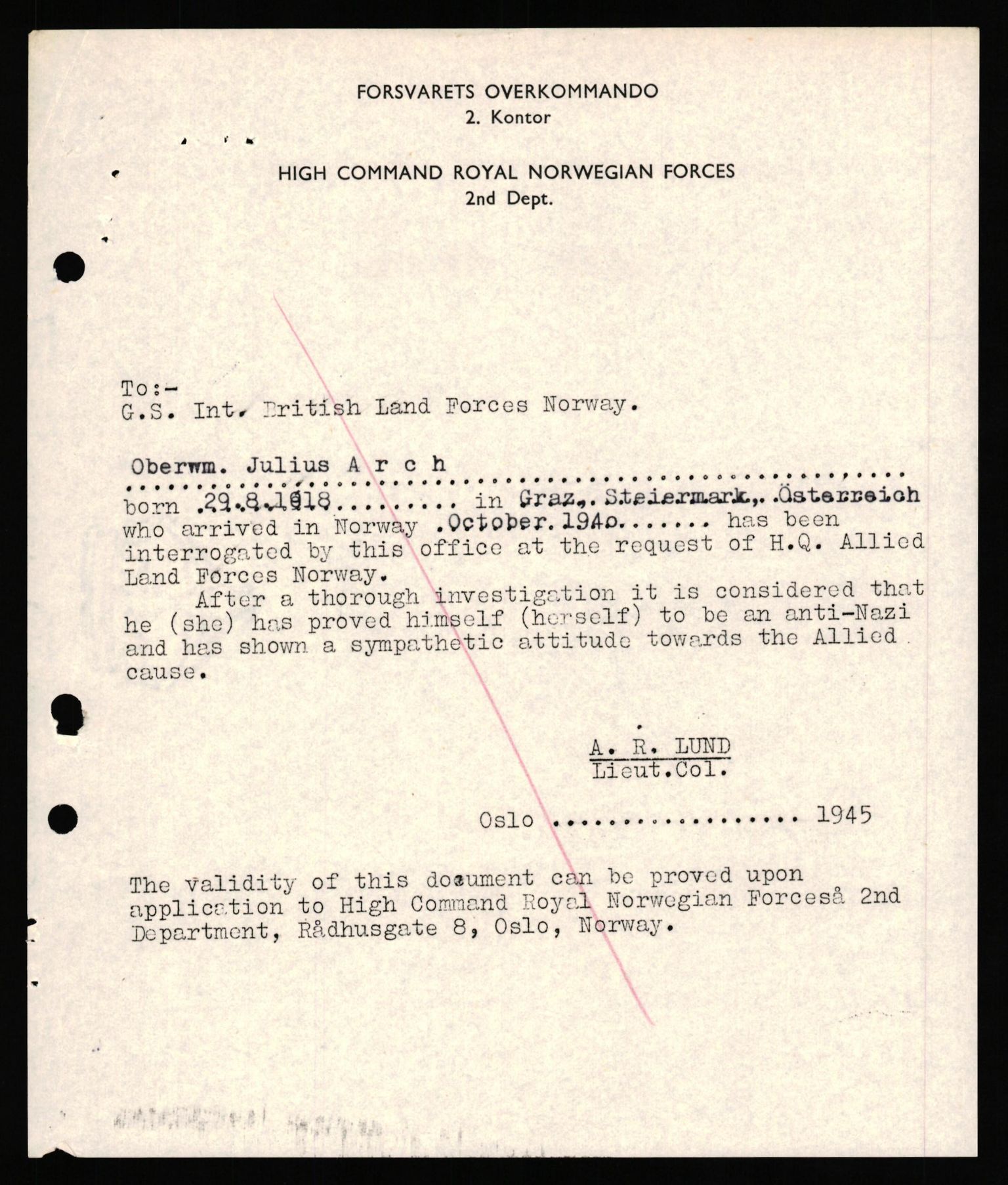 Forsvaret, Forsvarets overkommando II, RA/RAFA-3915/D/Db/L0038: CI Questionaires. Tyske okkupasjonsstyrker i Norge. Østerrikere., 1945-1946, p. 35