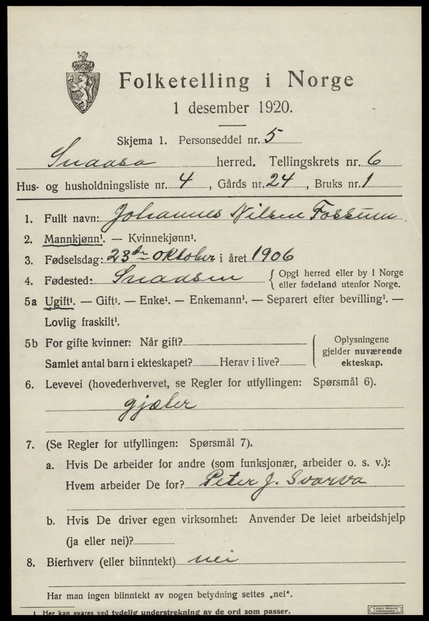 SAT, 1920 census for Snåsa, 1920, p. 2610