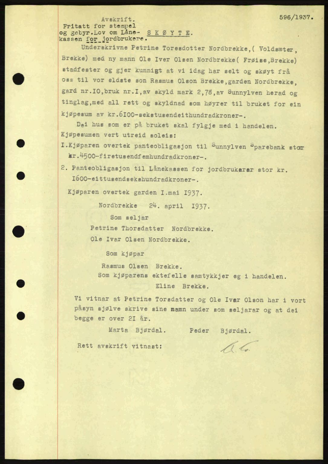 Nordre Sunnmøre sorenskriveri, AV/SAT-A-0006/1/2/2C/2Ca: Mortgage book no. A2, 1936-1937, Diary no: : 596/1937