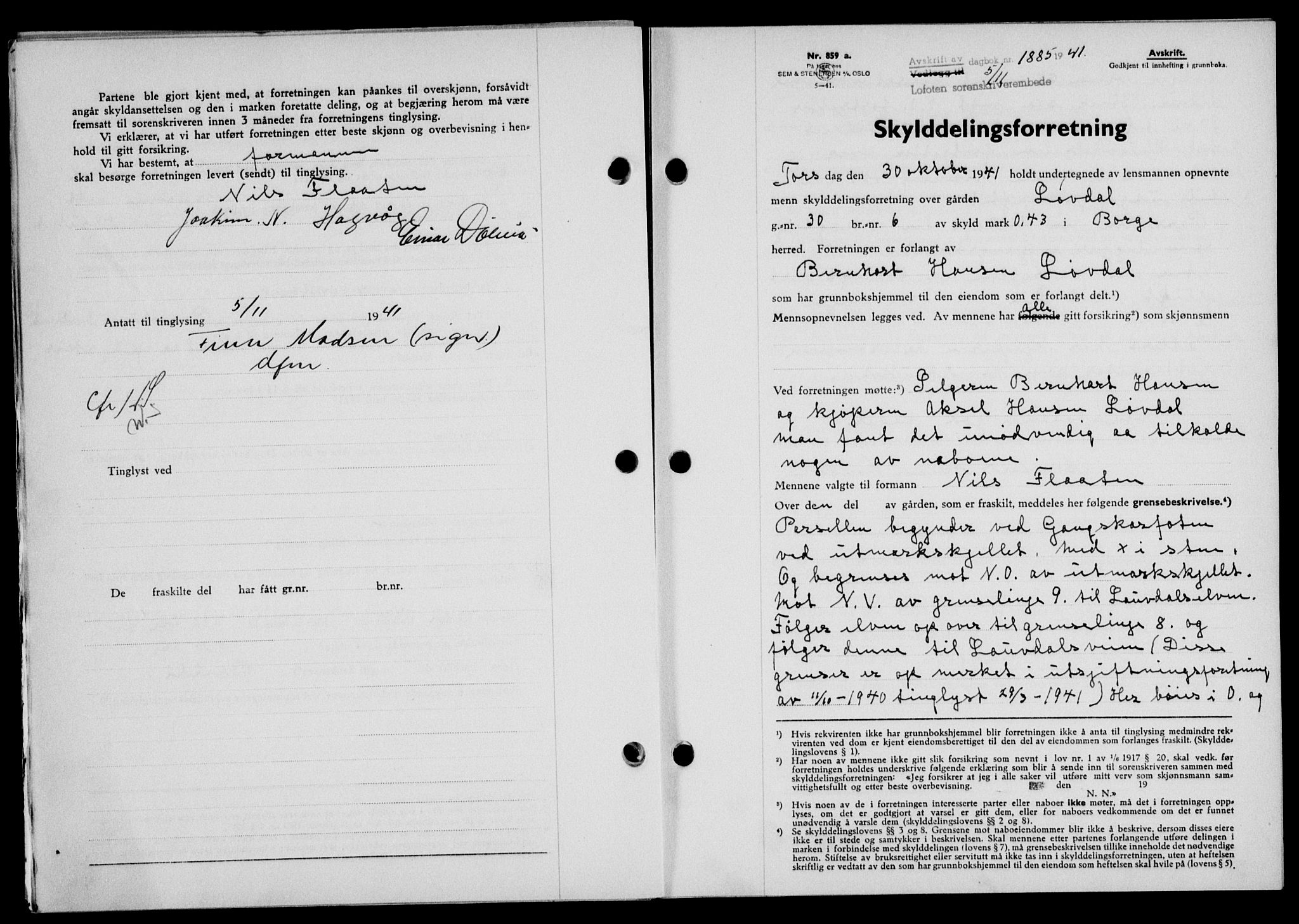 Lofoten sorenskriveri, SAT/A-0017/1/2/2C/L0009a: Mortgage book no. 9a, 1941-1942, Diary no: : 1885/1941