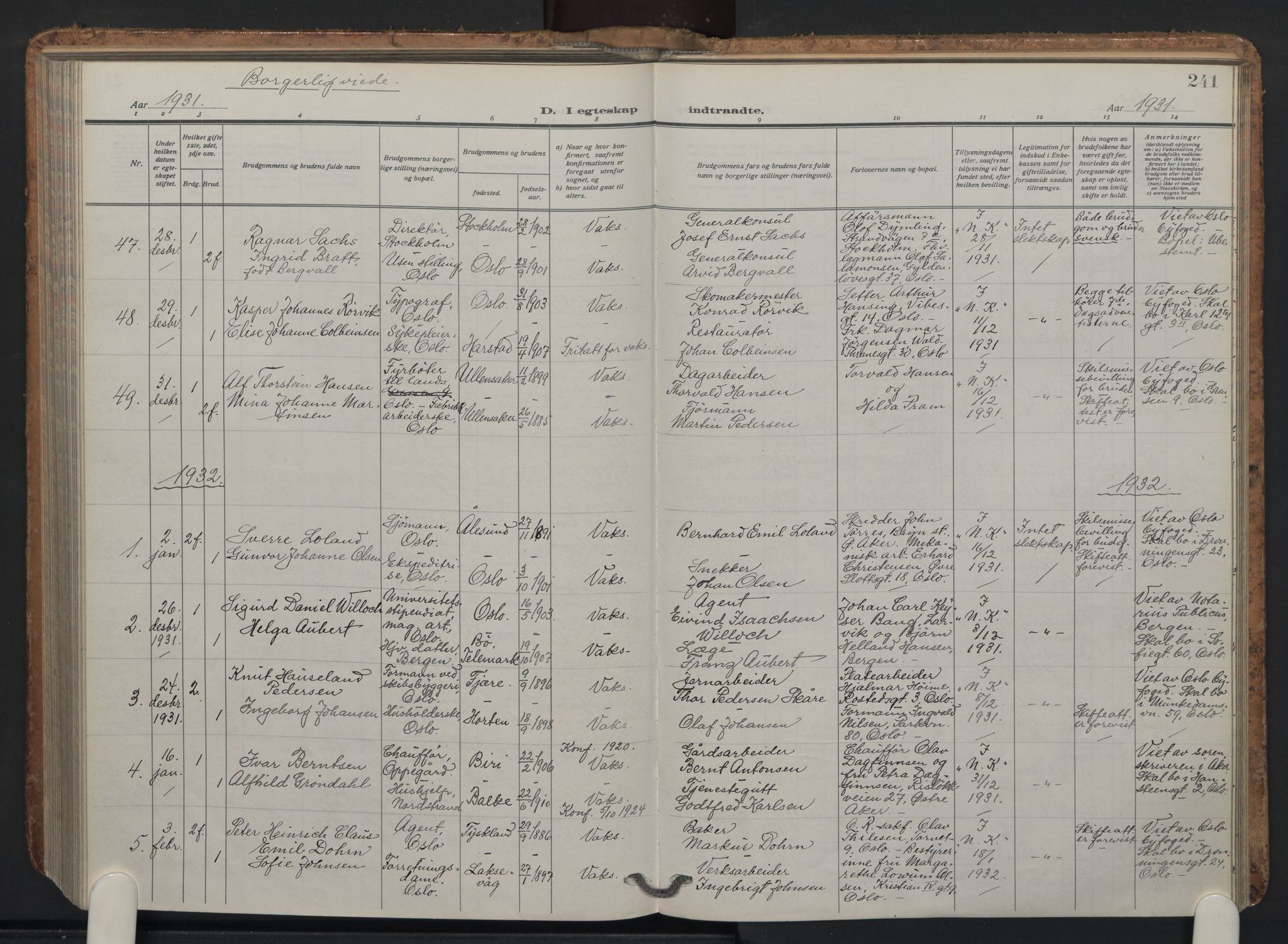 Oslo domkirke Kirkebøker, AV/SAO-A-10752/F/Fa/L0040: Parish register (official) no. 40, 1921-1932, p. 241