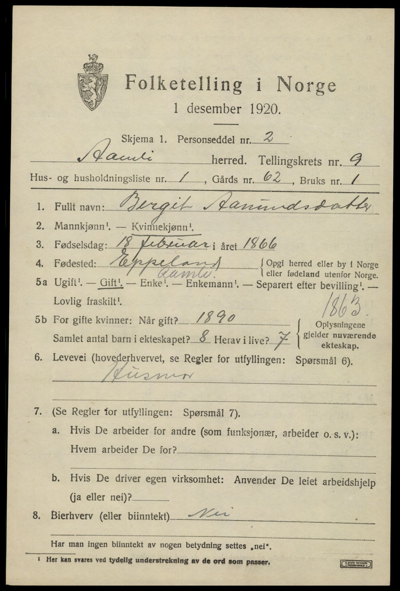 SAK, 1920 census for Åmli, 1920, p. 3471