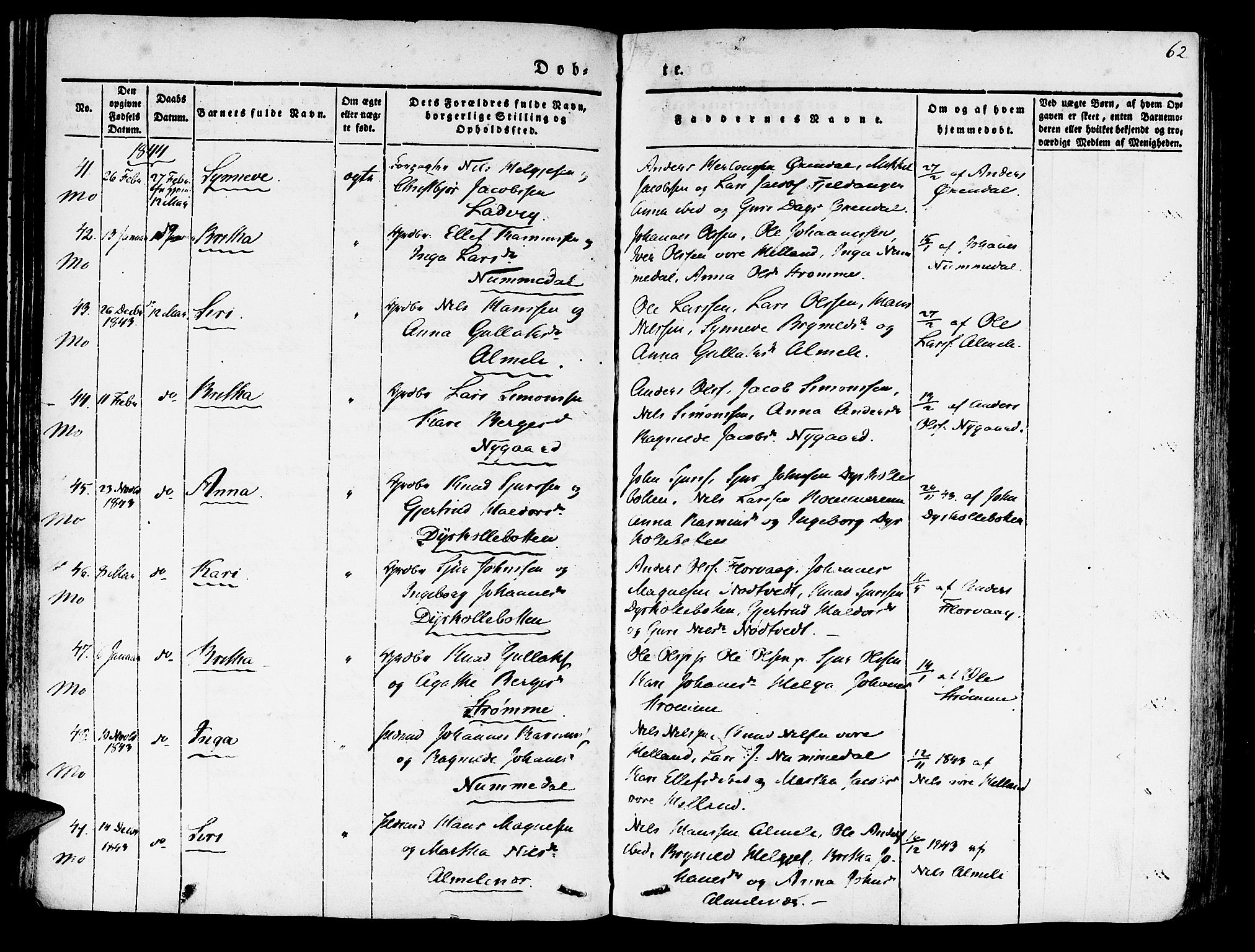Hosanger sokneprestembete, SAB/A-75801/H/Haa: Parish register (official) no. A 7, 1835-1848, p. 62