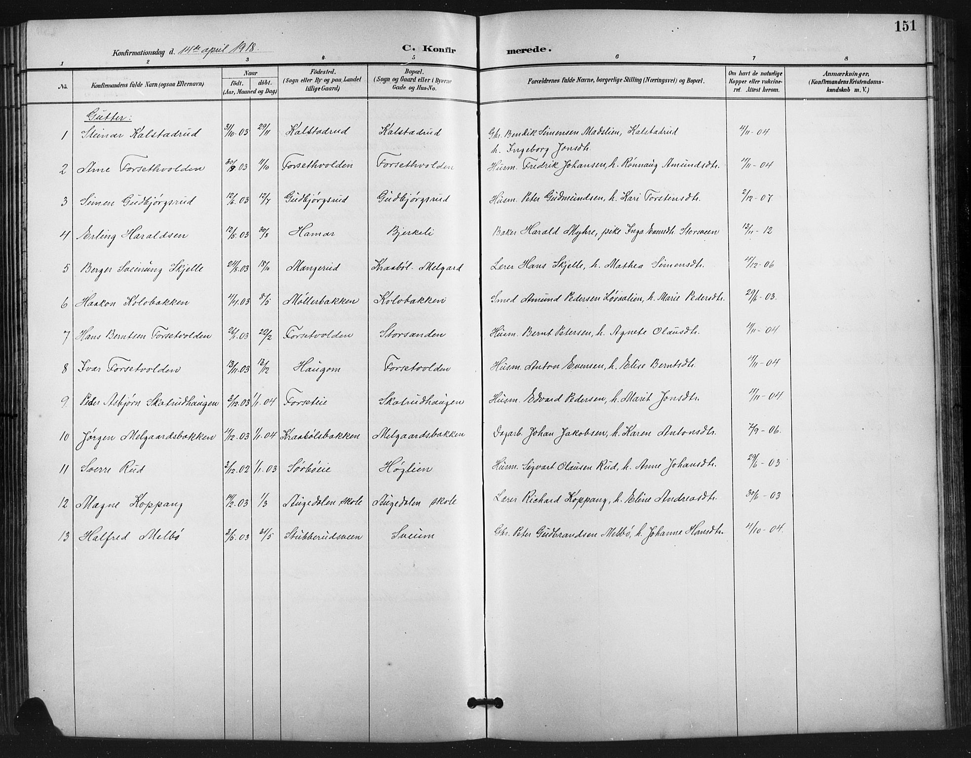 Vestre Gausdal prestekontor, SAH/PREST-094/H/Ha/Hab/L0003: Parish register (copy) no. 3, 1896-1925, p. 151