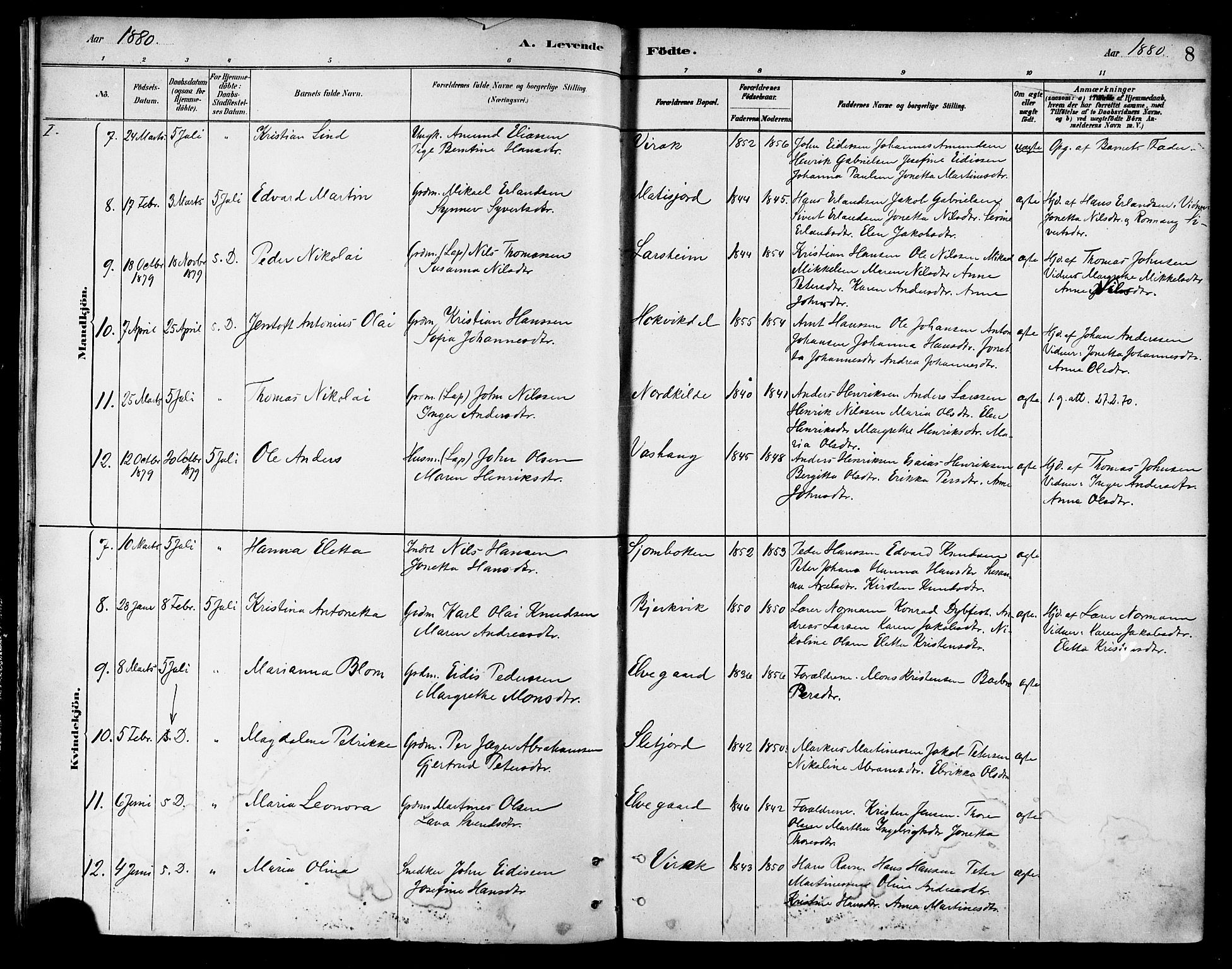 Ministerialprotokoller, klokkerbøker og fødselsregistre - Nordland, AV/SAT-A-1459/866/L0938: Parish register (official) no. 866A01, 1879-1893, p. 8