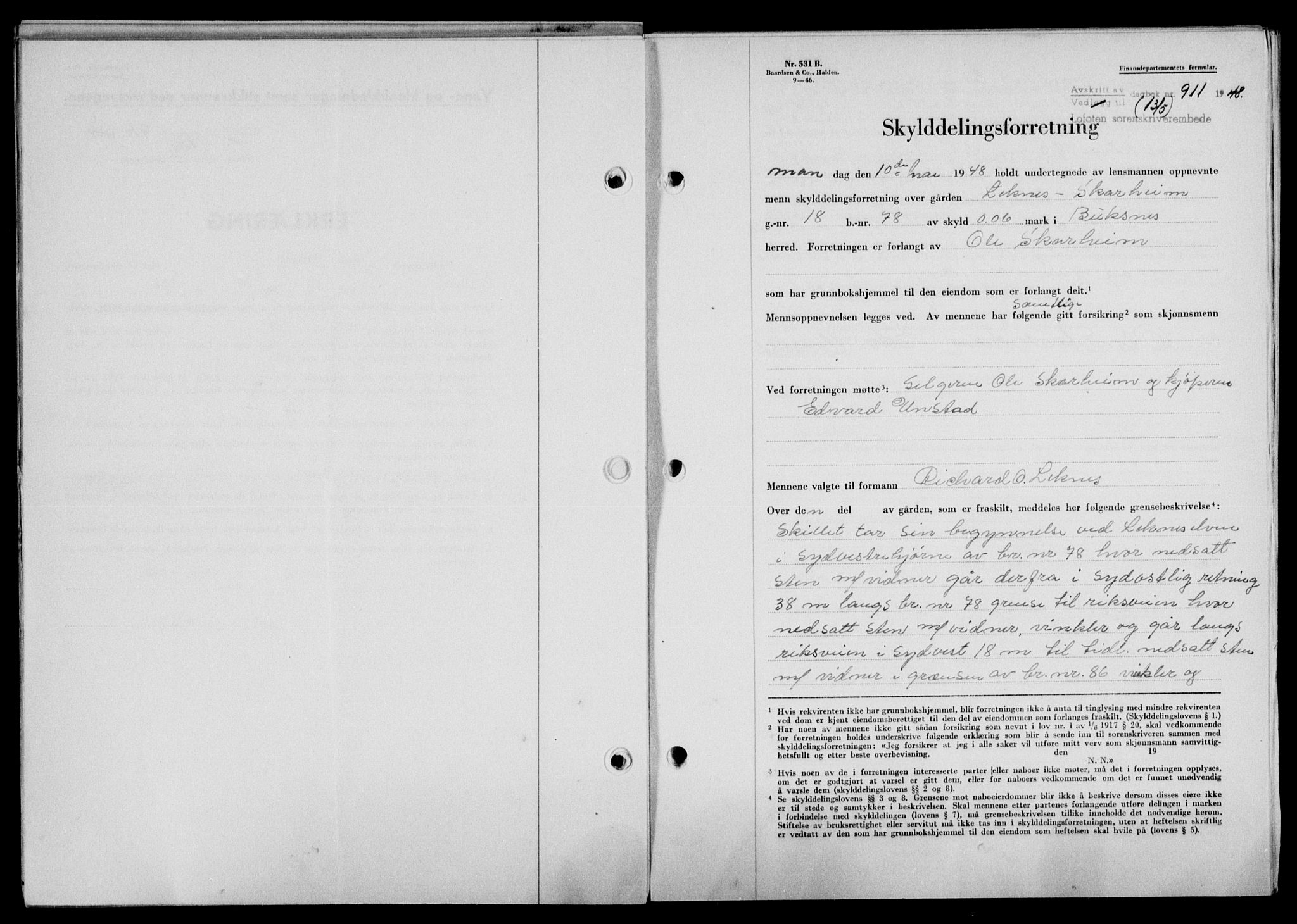 Lofoten sorenskriveri, SAT/A-0017/1/2/2C/L0018a: Mortgage book no. 18a, 1948-1948, Diary no: : 911/1948