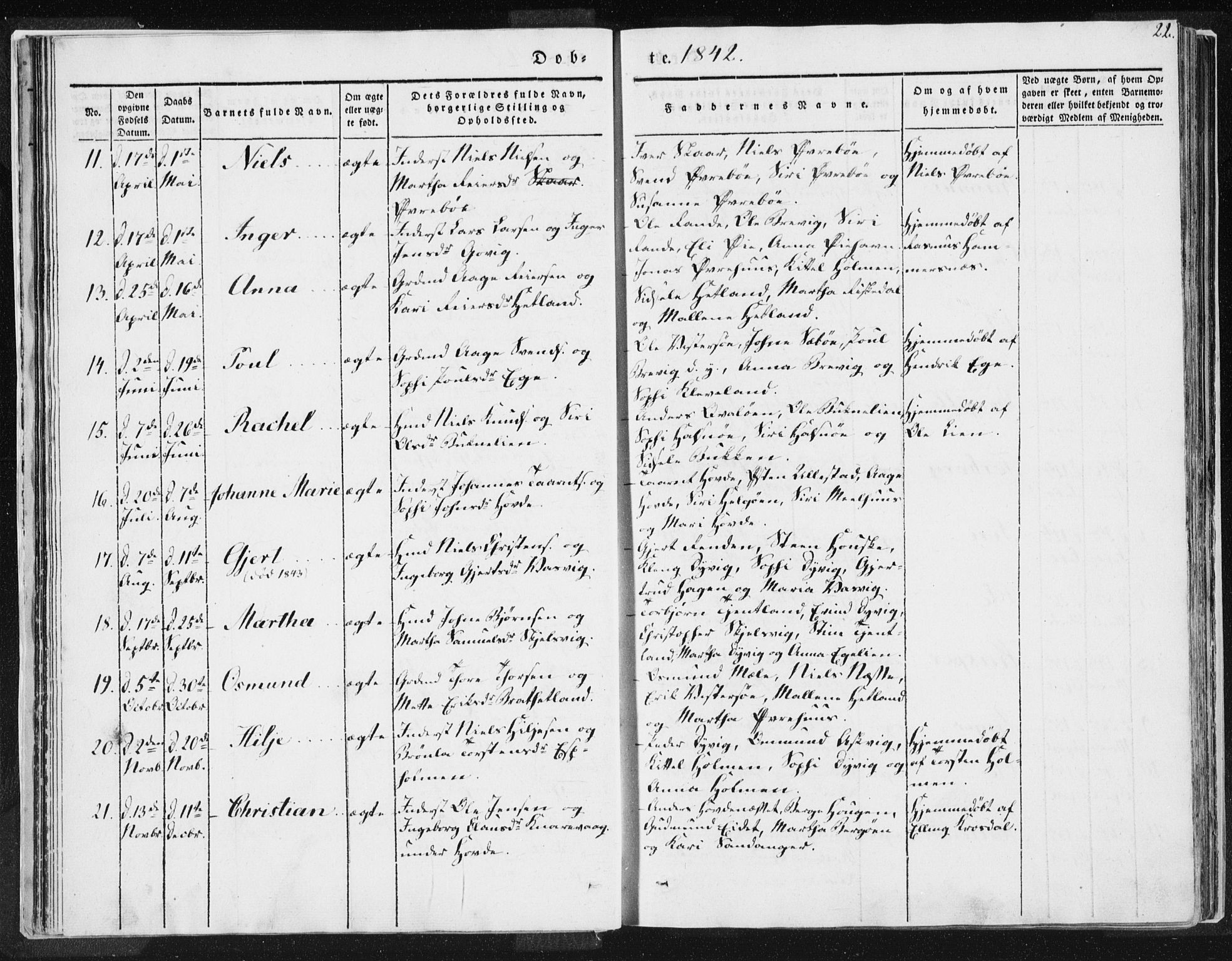 Hjelmeland sokneprestkontor, AV/SAST-A-101843/01/IV/L0007: Parish register (official) no. A 7, 1834-1850, p. 22