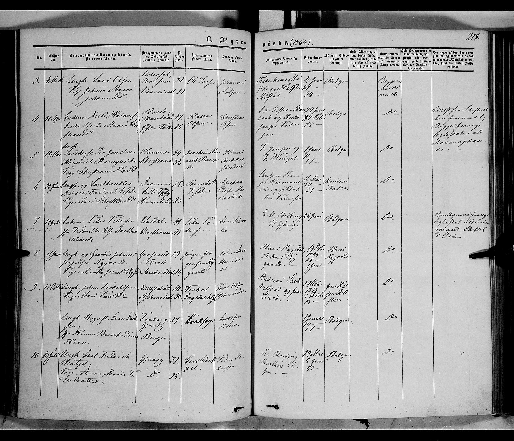 Vardal prestekontor, SAH/PREST-100/H/Ha/Haa/L0006: Parish register (official) no. 6, 1854-1866, p. 218