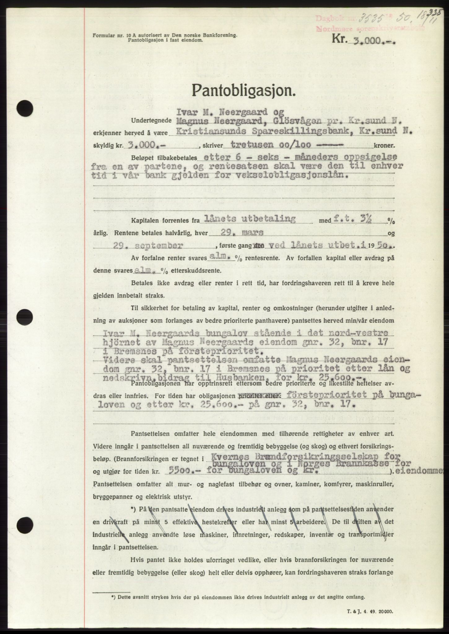 Nordmøre sorenskriveri, AV/SAT-A-4132/1/2/2Ca: Mortgage book no. B106, 1950-1950, Diary no: : 3535/1950