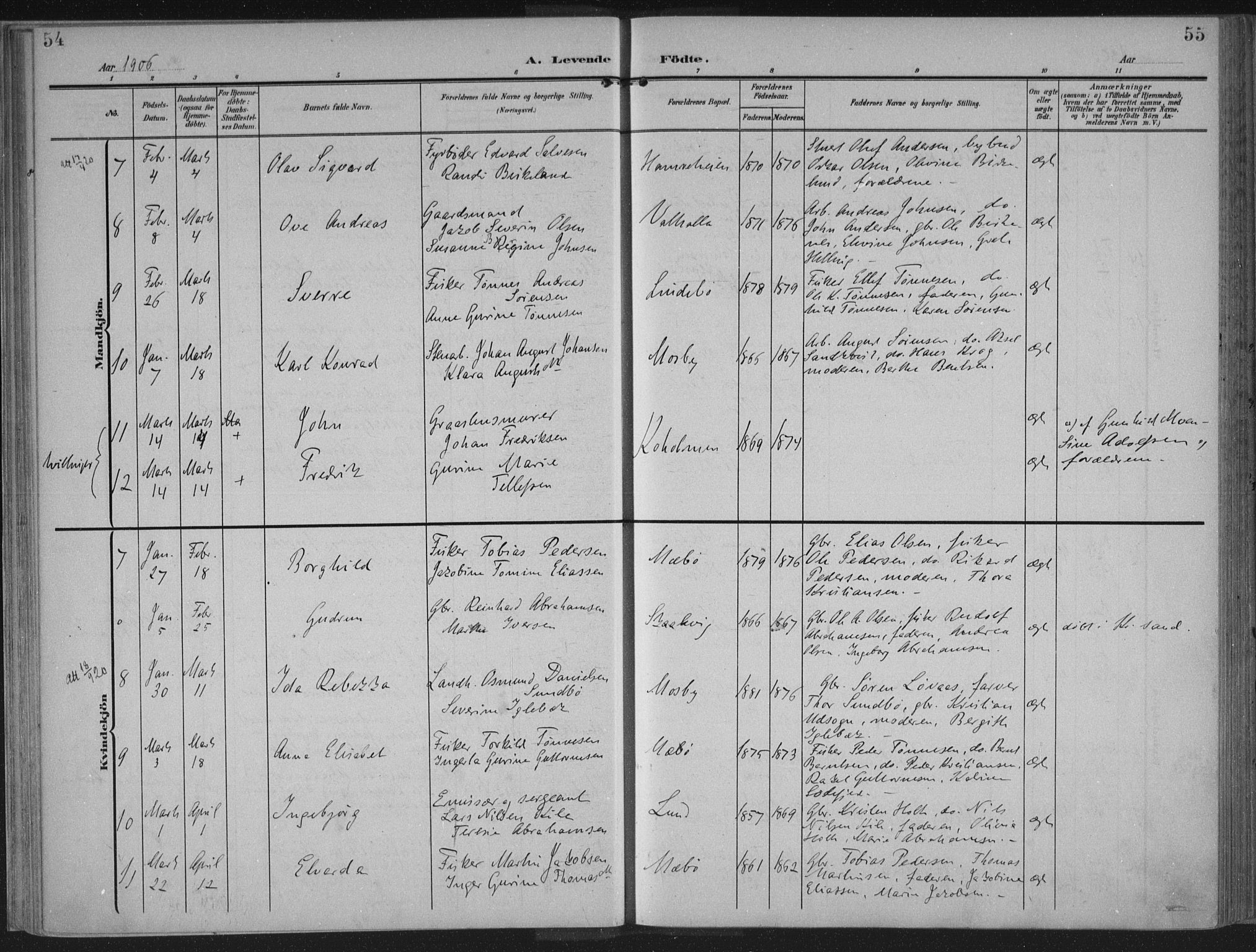 Oddernes sokneprestkontor, AV/SAK-1111-0033/F/Fa/Faa/L0011: Parish register (official) no. A 11, 1904-1911, p. 54-55