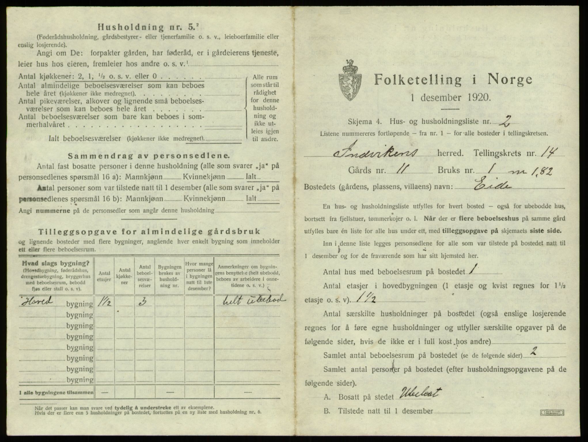 SAB, 1920 census for Innvik, 1920, p. 864