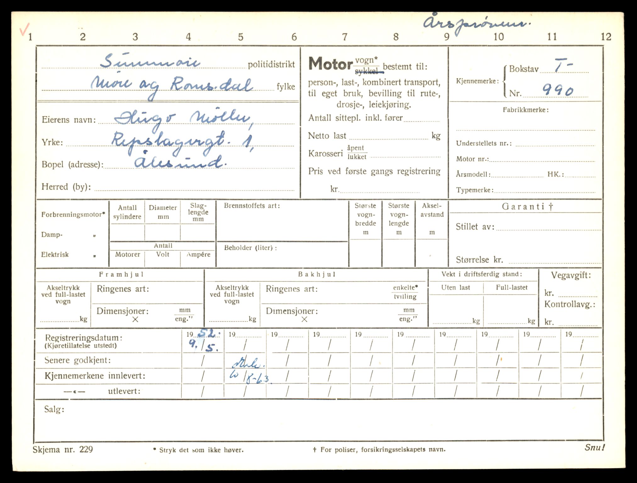 Møre og Romsdal vegkontor - Ålesund trafikkstasjon, SAT/A-4099/F/Fe/L0009: Registreringskort for kjøretøy T 896 - T 1049, 1927-1998, p. 1307