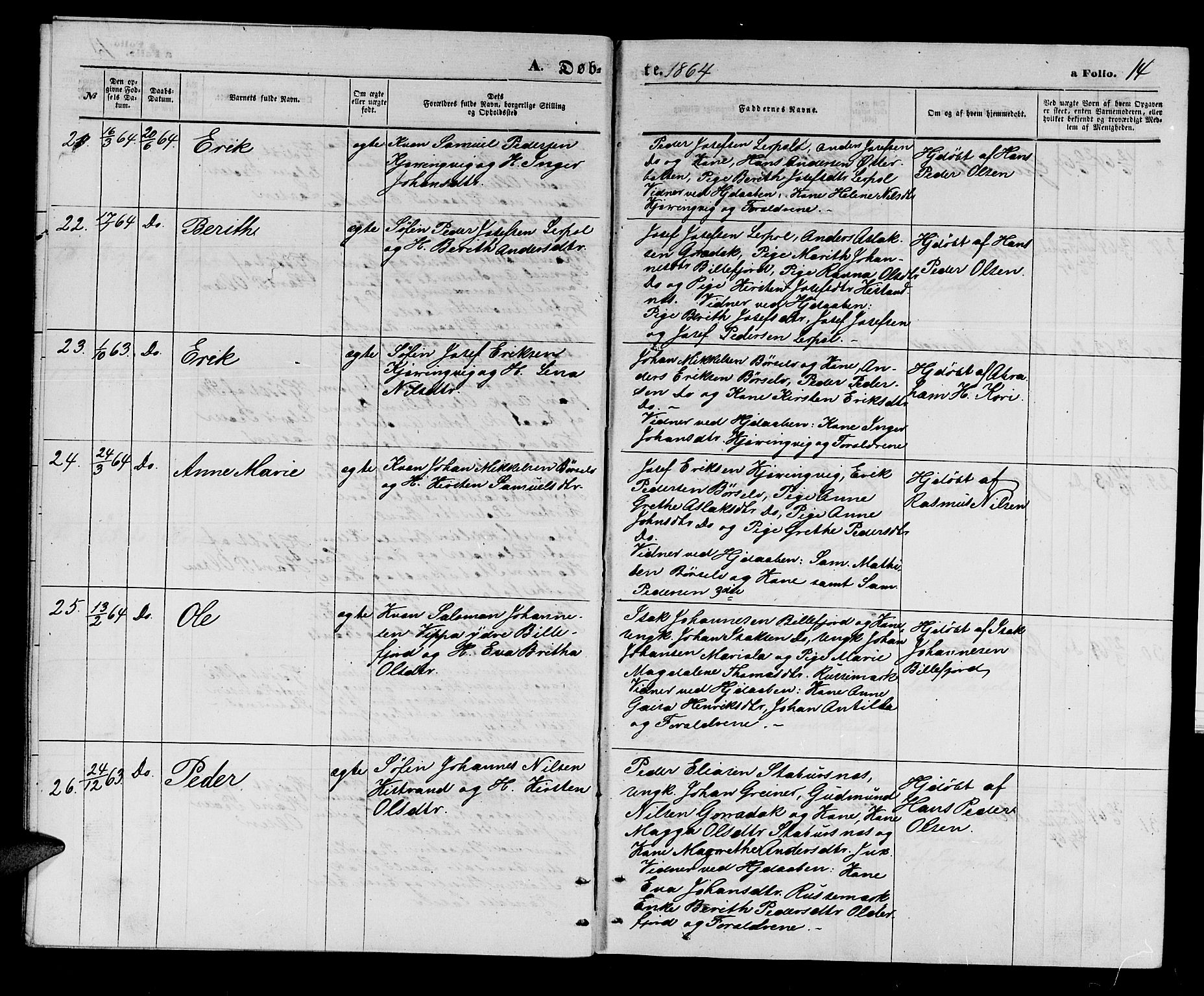 Kistrand/Porsanger sokneprestembete, AV/SATØ-S-1351/H/Hb/L0002.klokk: Parish register (copy) no. 2, 1862-1873, p. 14