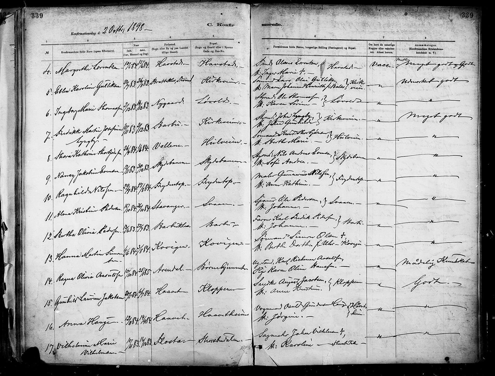 Barbu sokneprestkontor, AV/SAK-1111-0003/F/Fa/L0002: Parish register (official) no. A 2, 1883-1898, p. 339