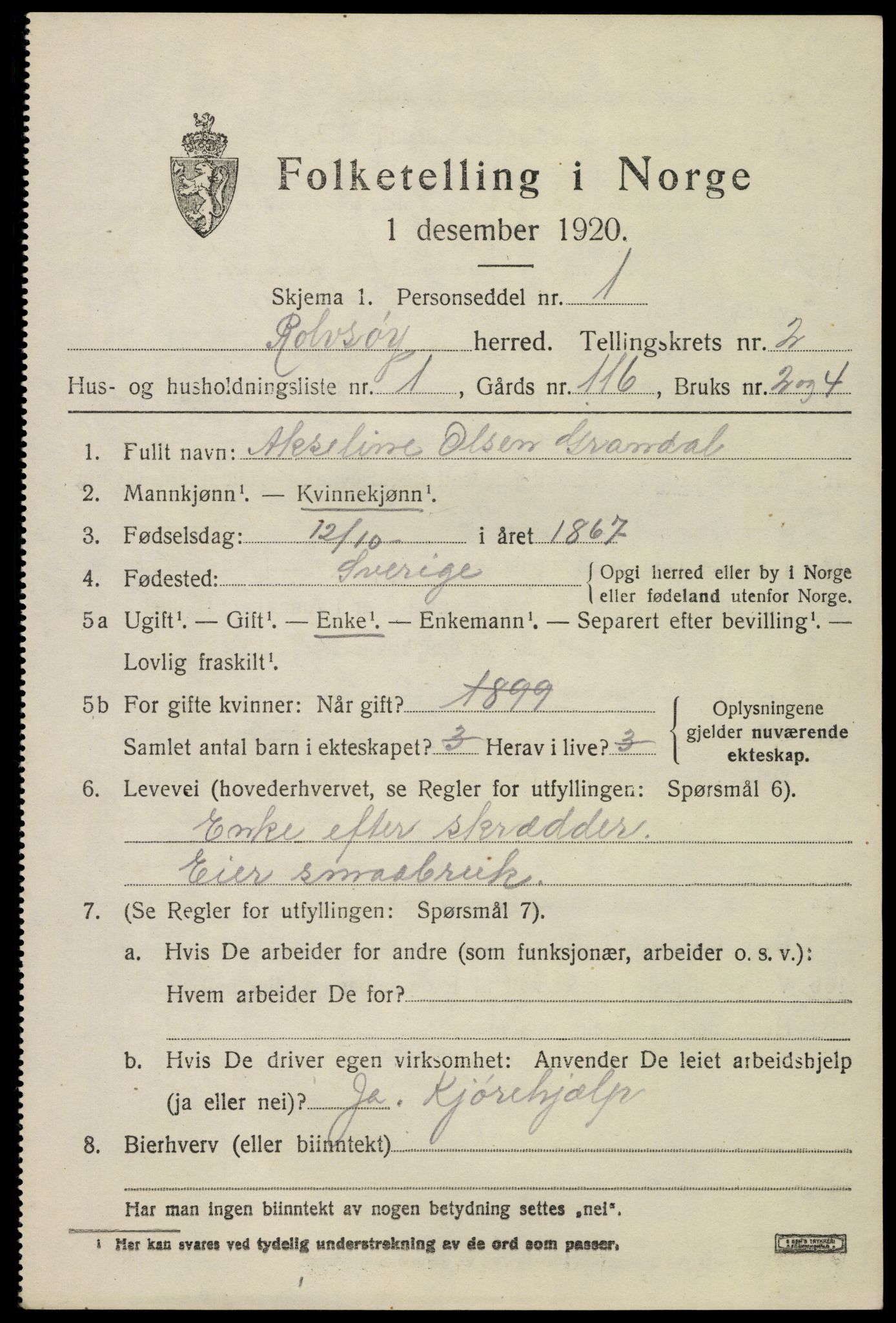 SAO, 1920 census for Rolvsøy, 1920, p. 1557