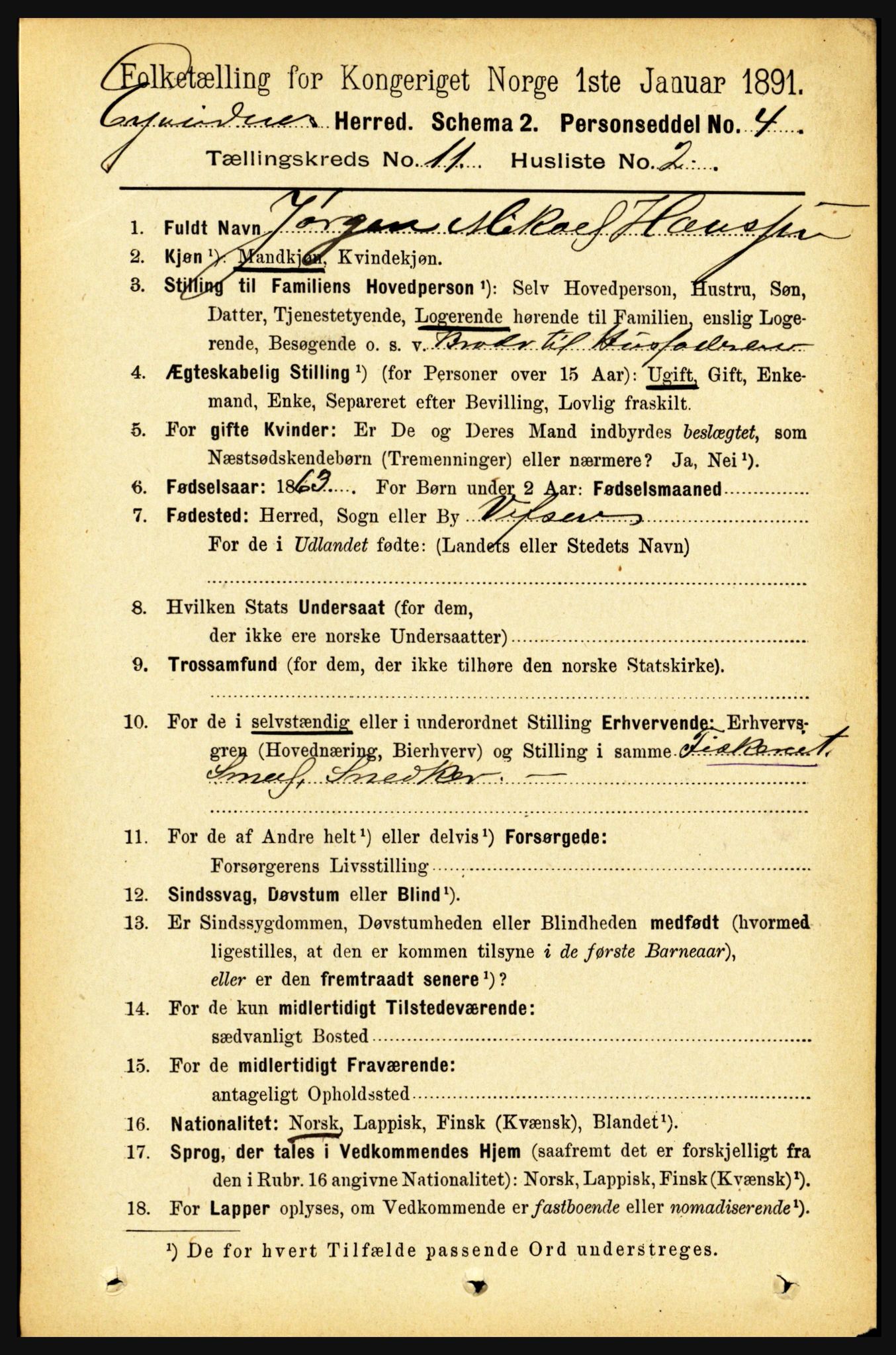 RA, 1891 census for 1853 Evenes, 1891, p. 3479