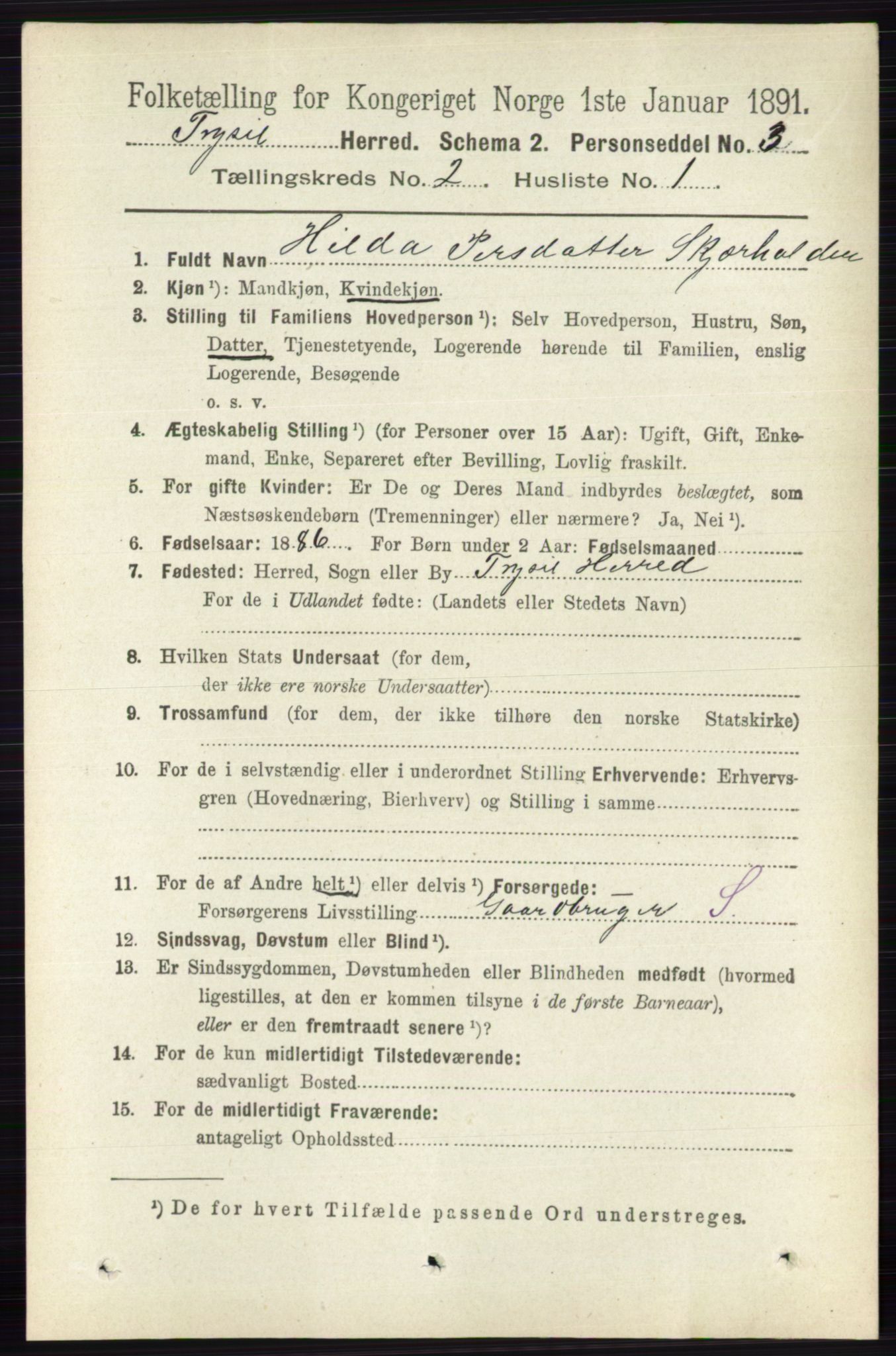 RA, 1891 census for 0428 Trysil, 1891, p. 726