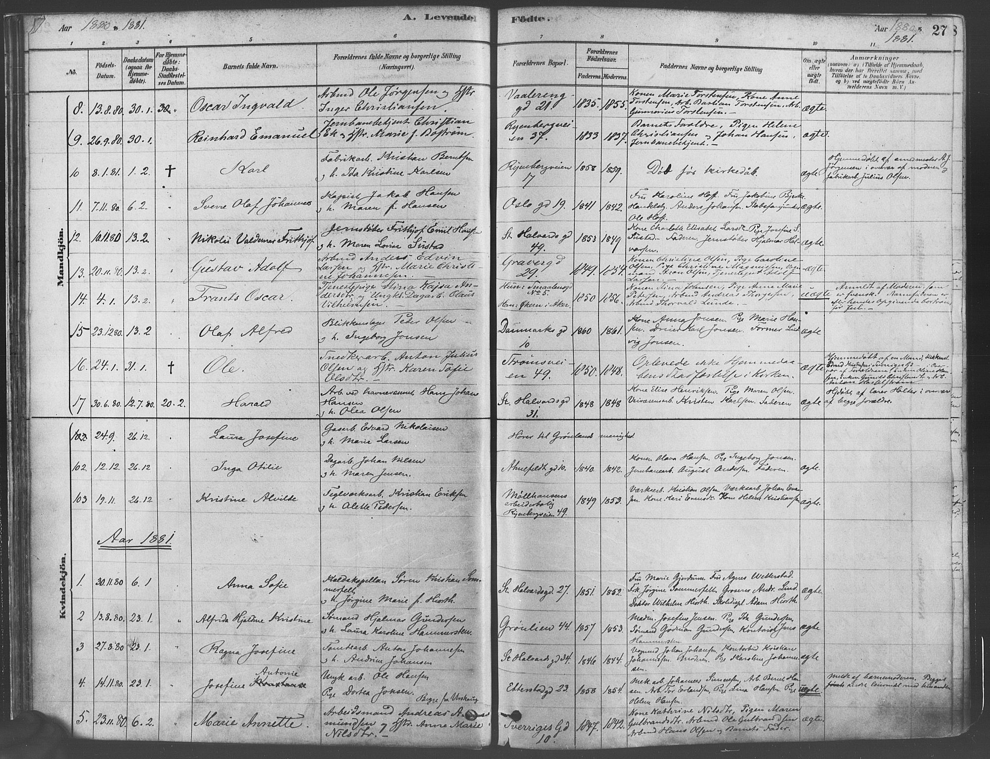 Gamlebyen prestekontor Kirkebøker, SAO/A-10884/F/Fa/L0005: Parish register (official) no. 5, 1878-1889, p. 27